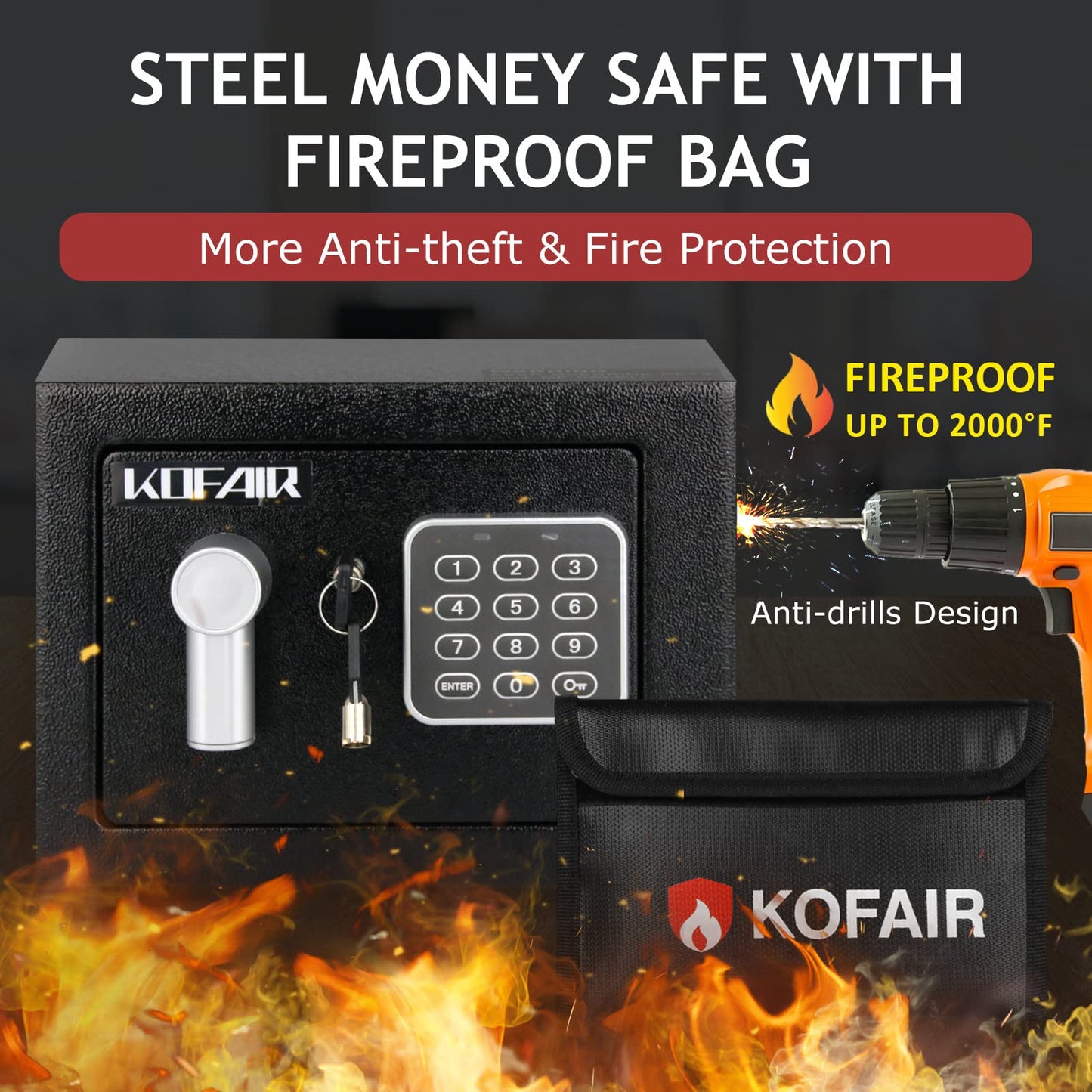 KOFAIR Safe Box for Home Safe (0.23 Cubic Feet) with Fireproof Bag, Personal Money Safe for Cash Saving, Mini Safe Box with Key, Digital Safety Box with Light, Money Lock Box