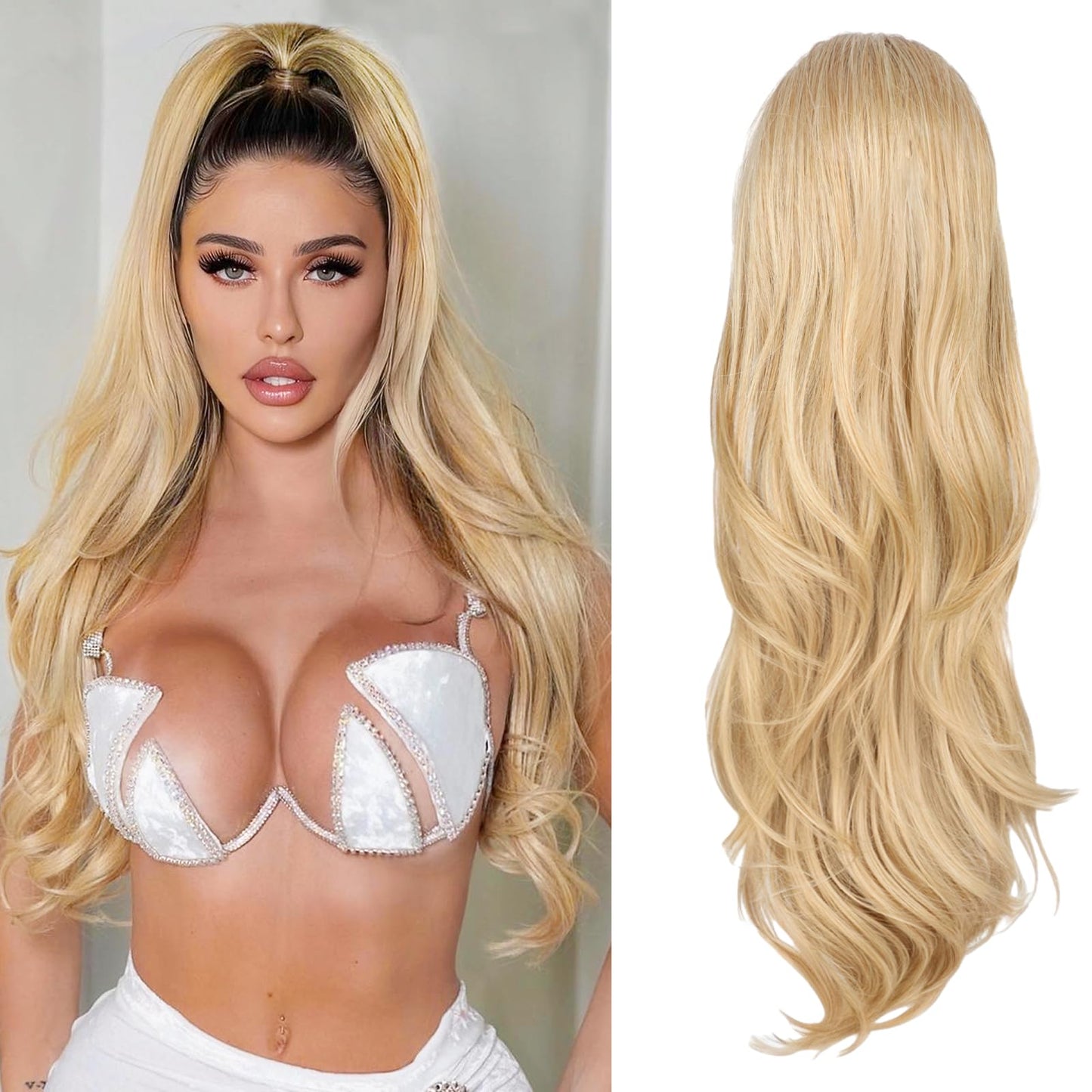 CHRSHN Blonde Ponytail Extension, 26 Inch Drawstring Ponytail Extension for Women Long Blonde Wavy Layered Pony Tails Hair Extensions Synthetic Clip in Ponytail Hairpiece for Women(27/613)
