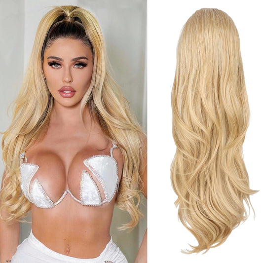CHRSHN Blonde Ponytail Extension, 26 Inch Drawstring Ponytail Extension for Women Long Blonde Wavy Layered Pony Tails Hair Extensions Synthetic Clip in Ponytail Hairpiece for Women(27/613)