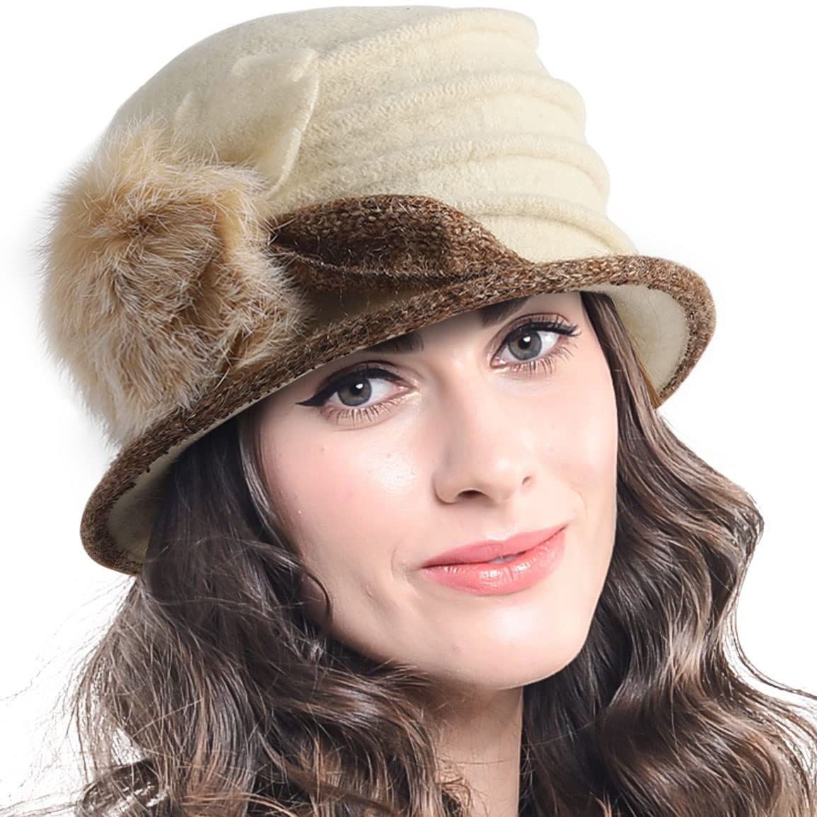 Vintage Women Floral Wool Dress Cloche Winter Hat 1920s (C030-D-Cream)