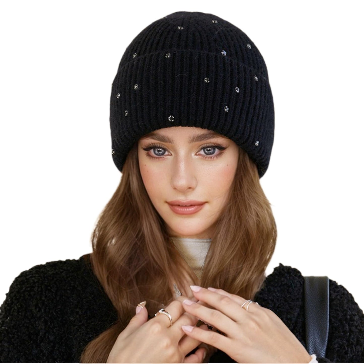 Caviotess Warm Wool Beanie Hats for Women Girls Sparkly Rhinestones Winter Hat Fluffy Knitted Skull Cap Black