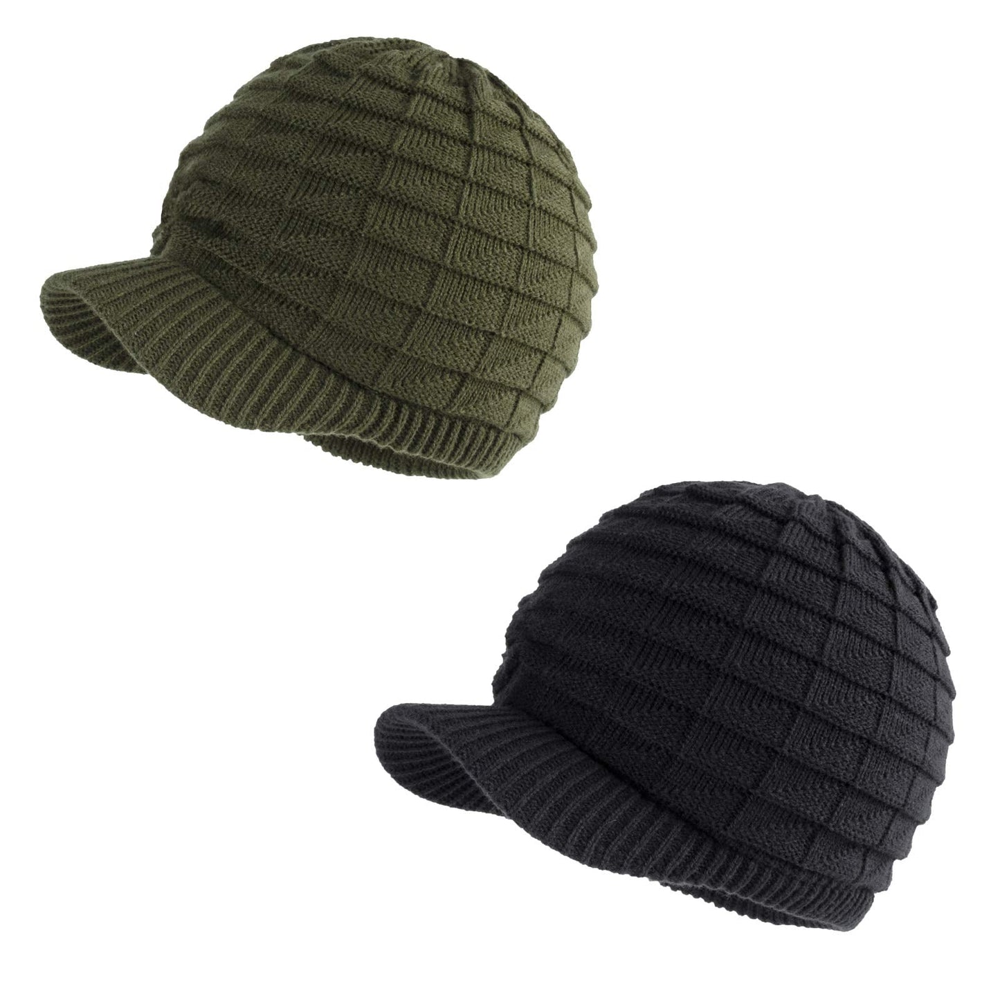 LANGZHEN Unisex Winter Hats with Visor Warm Ski Hat Stylish Knitted Hat for Men and Women (Black+Army Green)
