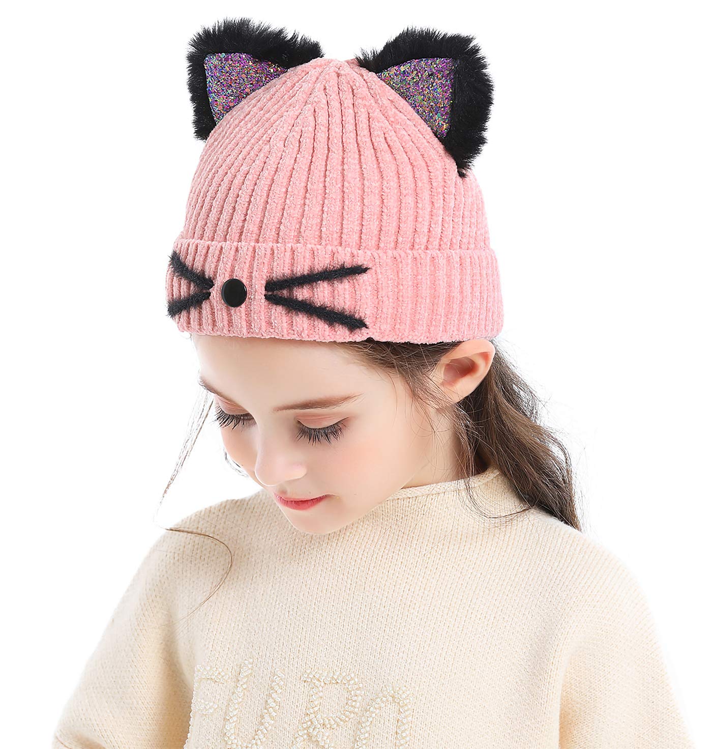Bellady Kid Girl Hat Cute Cat Ear Beanie Cap Warm for Fall Winter,Child_Pink