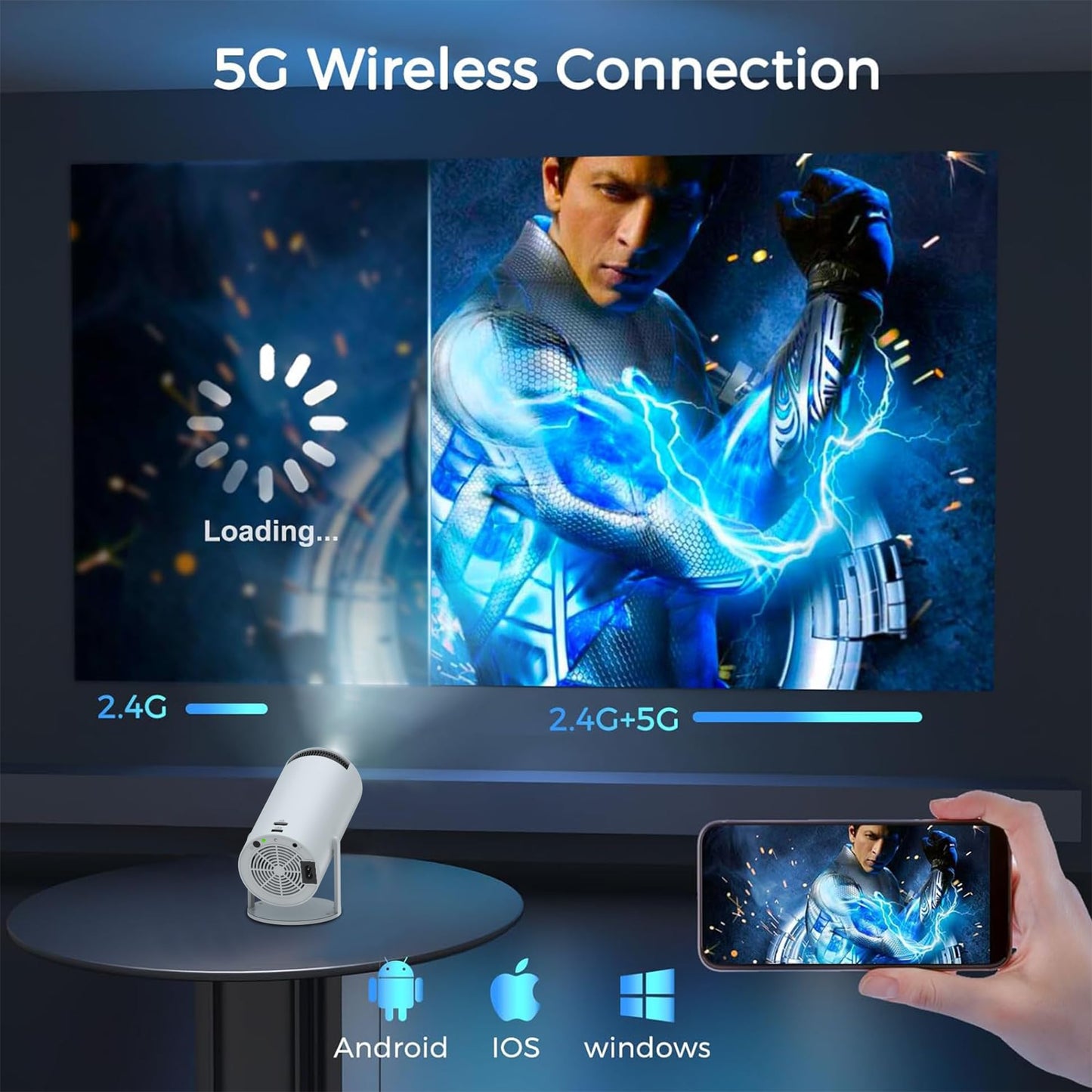 HY300 Android Mini Projector with WiFi and Bluetooth, 180° Flip Portable Home Movie Video Projector, 4K/1080P Support 5G Wireless Streaming for Phone, TV Stick, PC, XBOX, PS5, Smart Devices