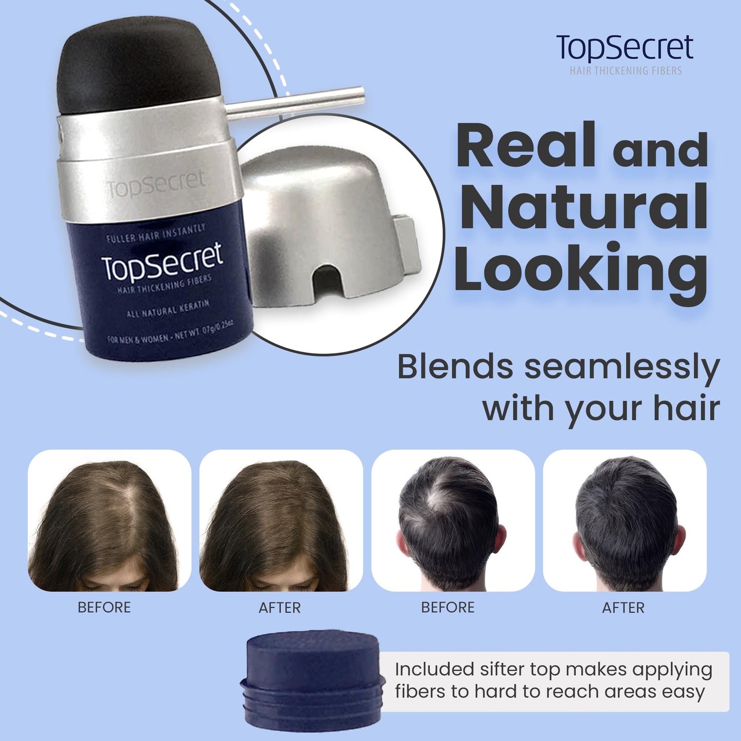 Top Secret Hair Thickening Building Fibers Applicator Included - Undetectable & Natural Hair Filler for Men & Women - Instantly Fill In Thinning Hair - Weather & Sweat Resistant (Medium Brown, Large)