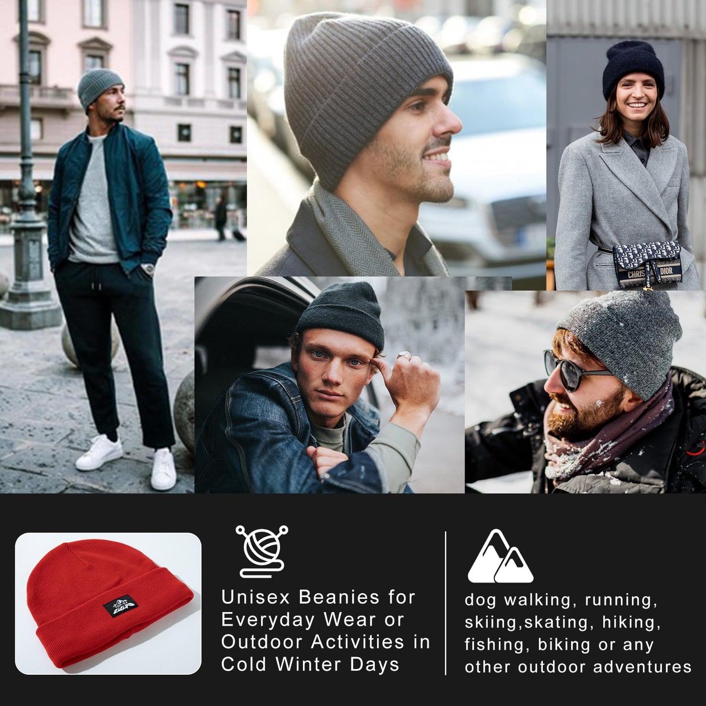 TOP-EX XXL 100% Merino Wool Beanie Hats for Men Women Winter Warm Polar Fleece Lined Beanies for Cold Weather Ski Running Hunting Walking Red XL/XXL