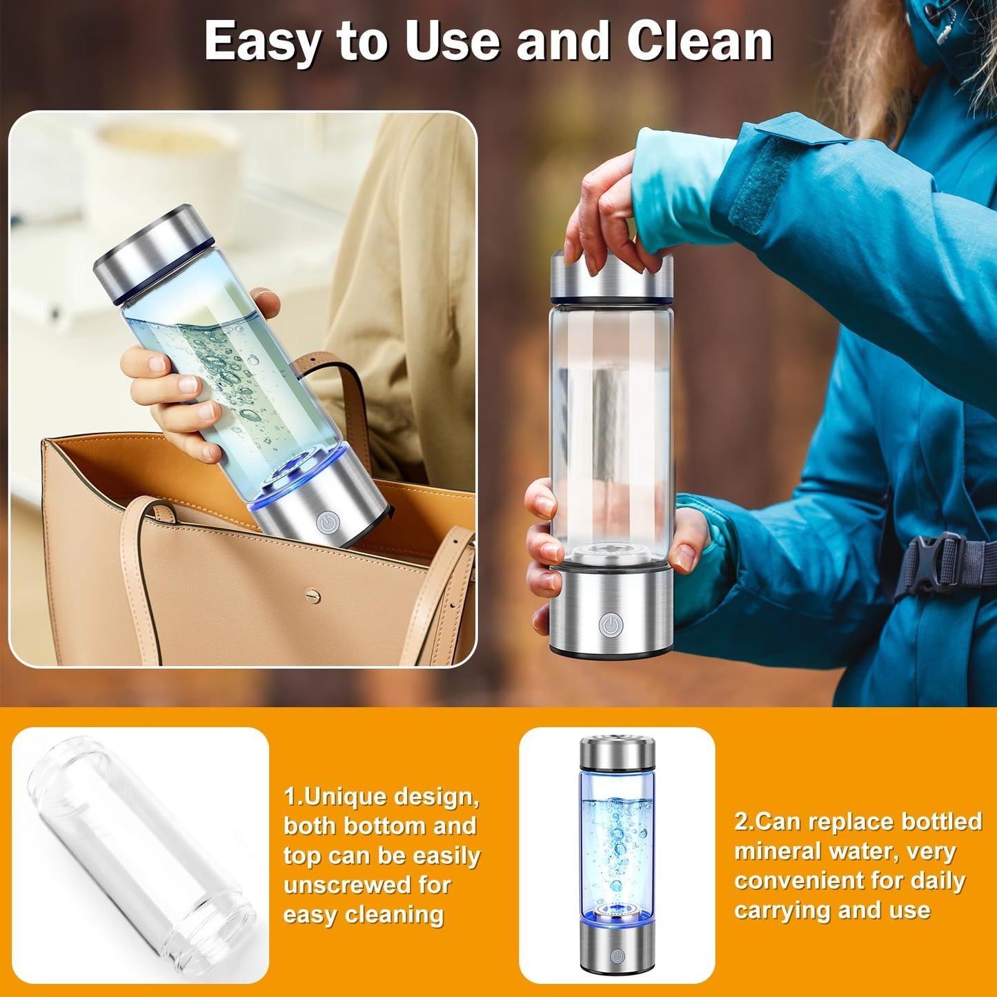 2025 Upgrade Hydrogen Water Bottle, Hydrogen Water Generator with Advanced SPE PEM Technology, 420ml(14OZ) Hydro Water Machine, Portable Water Ionizer for Office, Travel, Fitness & Everyday Hydration