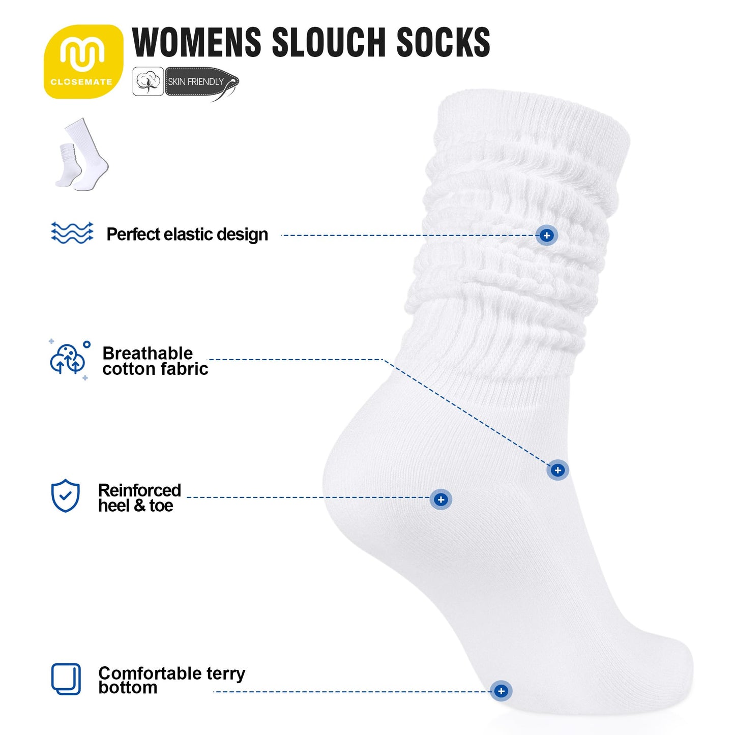 Closemate Crew Slouch Socks Women Soft Cotton Scrunch Slouchy Socks Knee High Boot Socks 3 Pairs(1Black 1White 1Grey)