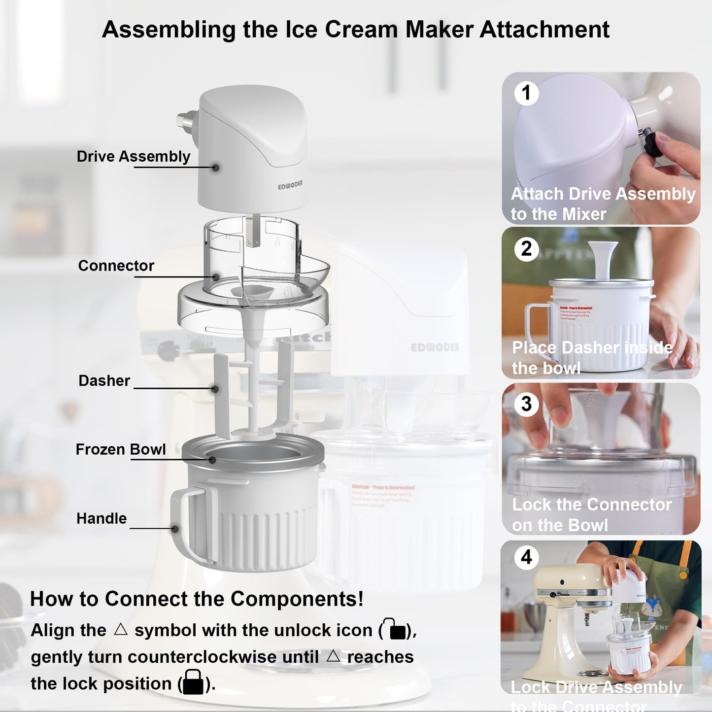 TWO BOWLS Ice Cream Maker Attachment for All KitchenAid Stand Mixer, Makes Homemade Ice Cream, Gelato, Sorbet,Frozen Yogurt