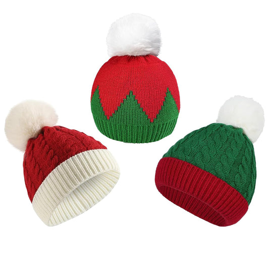 Unisex Winter Beanie Hat Christmas Knitted Santa Hat Xmas Santa Claus Cap for Adults (Acrylic, 3 pcs)
