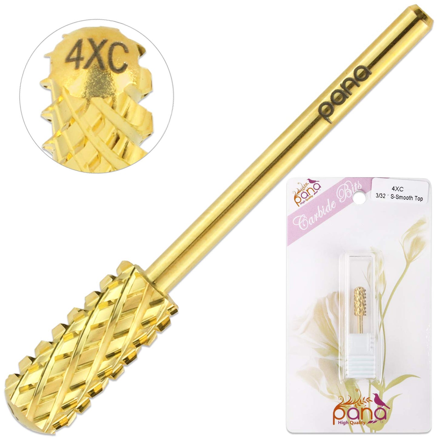 PANA 3/32" Small Smooth Round Top Safety Carbide Nail Drill Bit for Gel Polish & Acrylic Removal Nail Salon Manicure Pedicure Electric File Tools (Small Barrel - Gold, 4X Coarse)