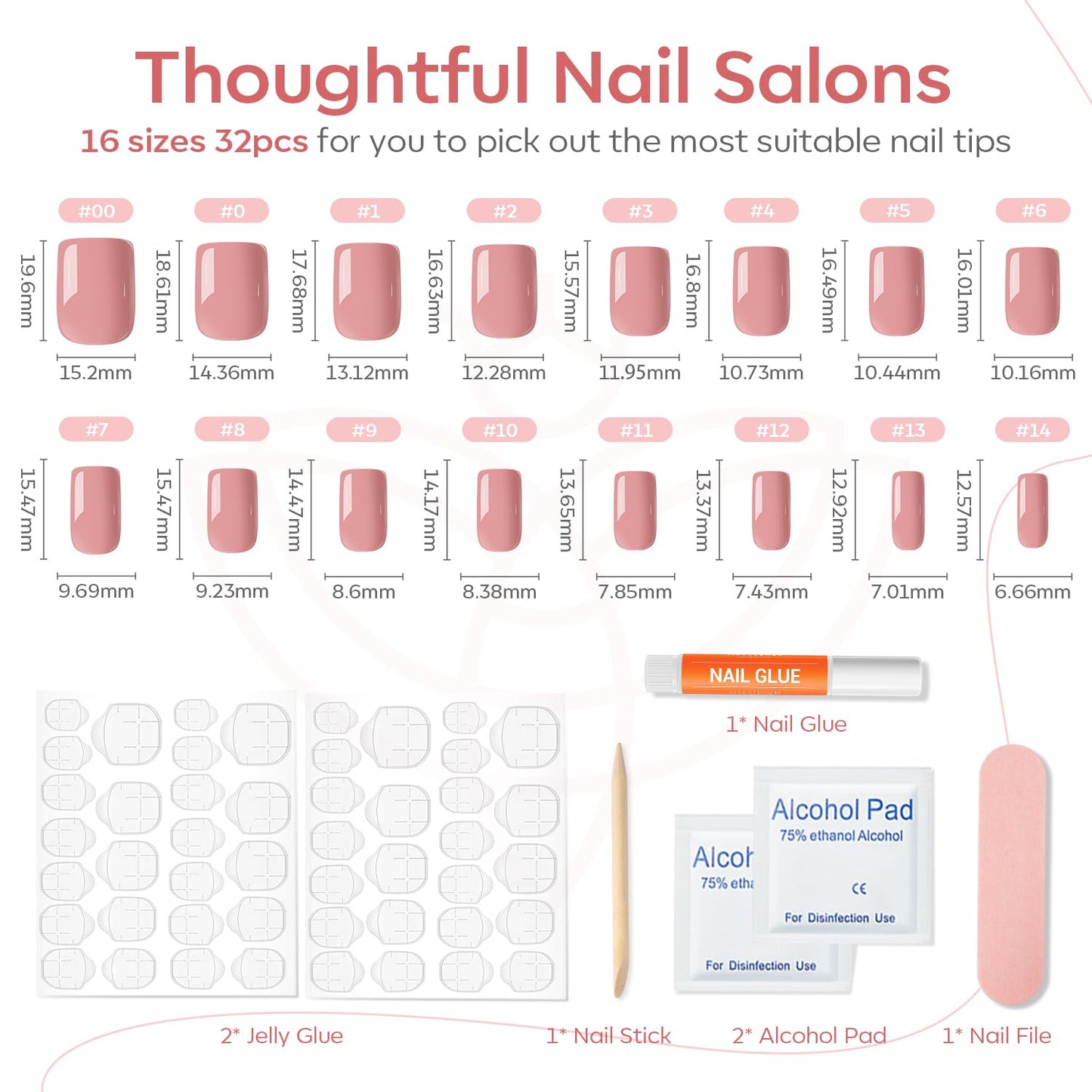 Modelones 32Pcs Peach Pink Press on Nails, Spring Easter Short Square Fake Nails, Reusable Nail Kit with Nail Glue Adhesive Tabs Mini Nail File, Nails Press Ons 16 Sizes
