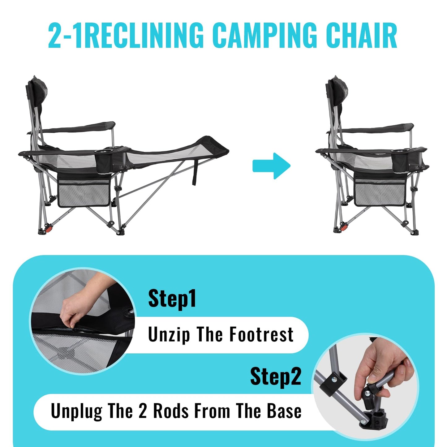 #WEJOY 2-in-1 Reclining Camping Chair with Footrest for Adults Folding Lounge Chair with Adjustable Backrest Lightweight Camping Chairs Heavy Duty Camp Chairs for Outdoor (1, Black Grey)