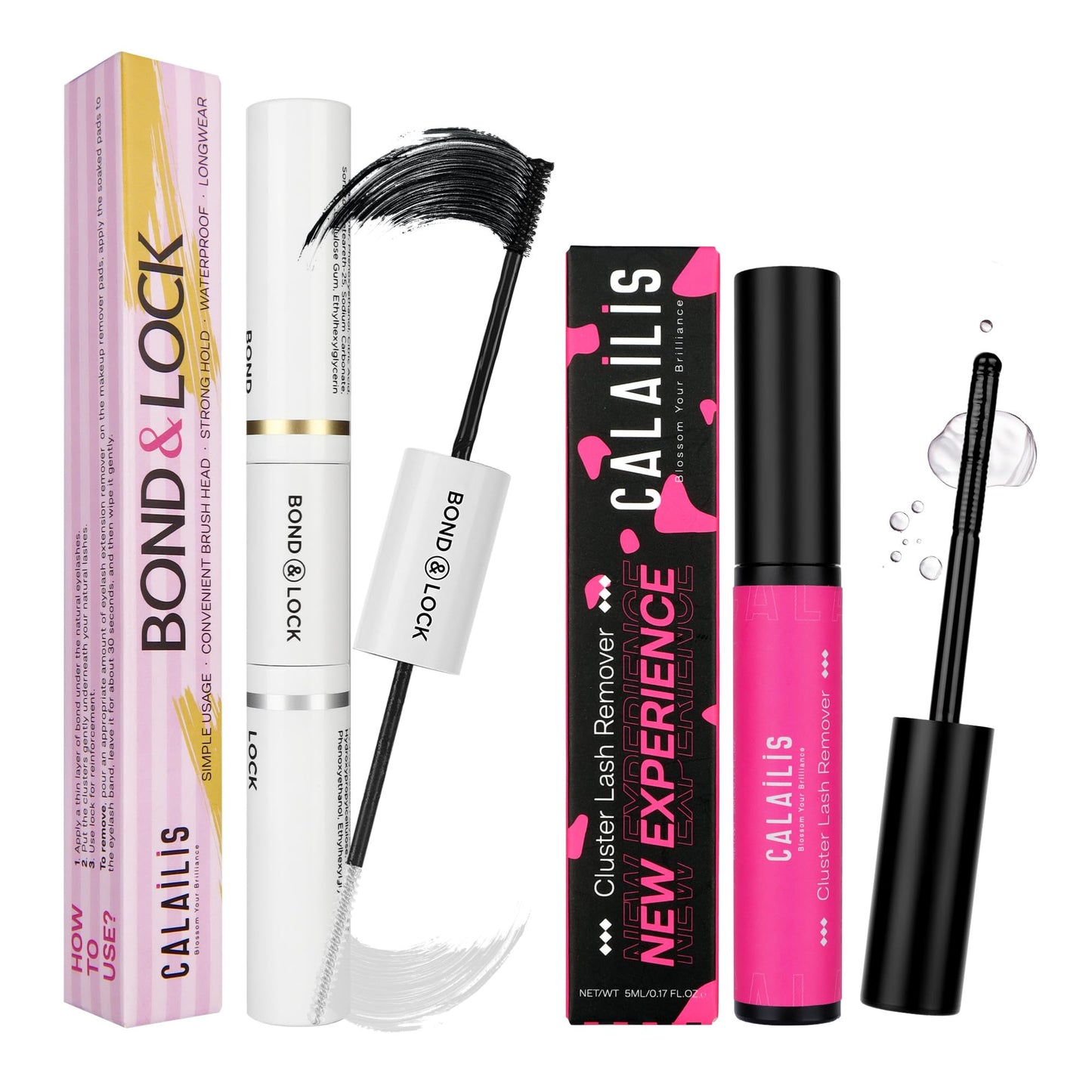 CALAILIS Lash Bond and Seal and Lash Glue Remover Kit, Cluster Lash Glue for Lash Clusters Strong Hold and Long Lasting 72 Hours, Gentle Soothing Non-Irritating Eyelash Glue Remover, 2Pack