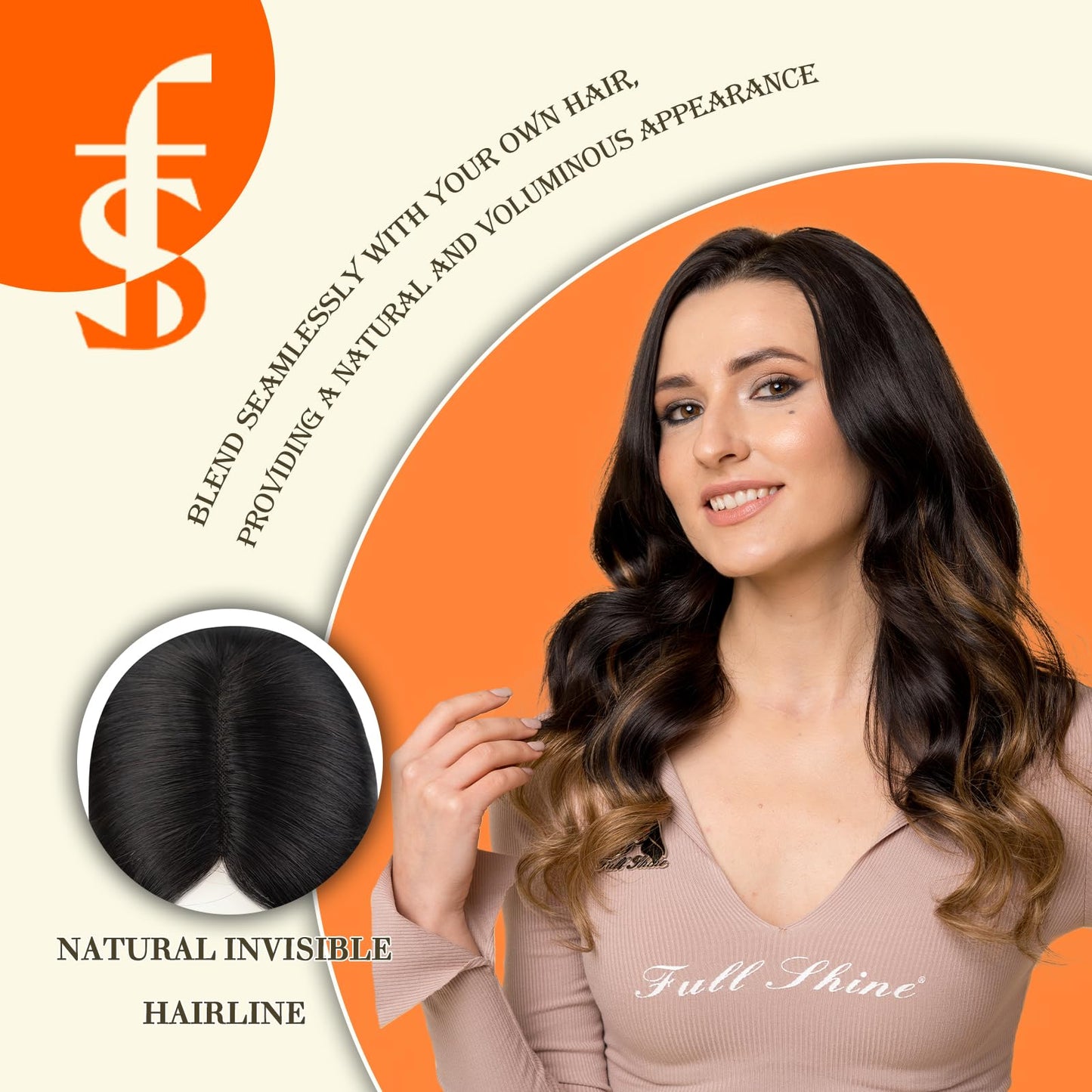 Full Shine Hair Toppers For Women Real Human Hair 3 * 5 Inch Ombre Darkest Brown To Ash Brown Highlights Brown Hidden Crown Hair Extensions Hair Pieces With Clips For Short Hair 12 Inch