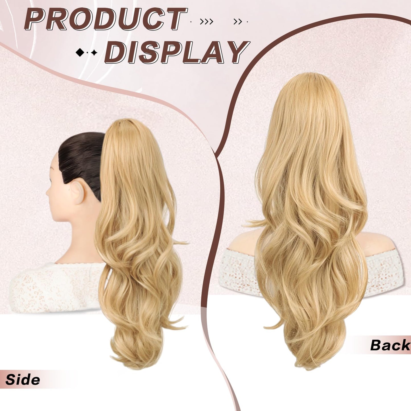 CHRSHN Blonde Ponytail Extension, 20 Inch Drawstring Ponytail Extension for Women Long Blonde Wavy Layered Pony Tails Hair Extensions Synthetic Clip in Ponytail Hairpiece for Women(27/613)