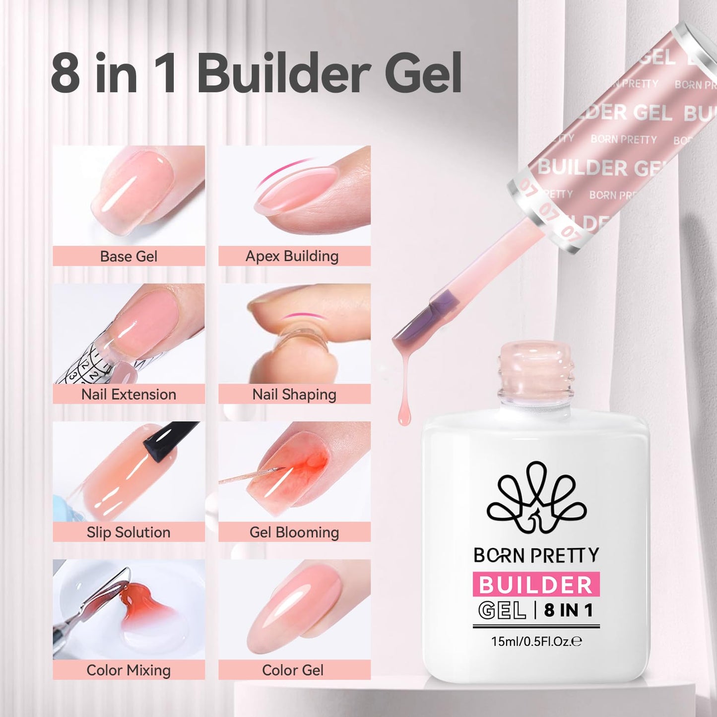 BORN PRETTY Builder Gel for Nails, 8-in-1 Milky Nude Natural Clear Builder Nail Gel for Nail Apex and Extension Strengthener, Nail GLue Gel Hard Gel Base Rhinestone Nail Glue Gel in a Bottle 15ml