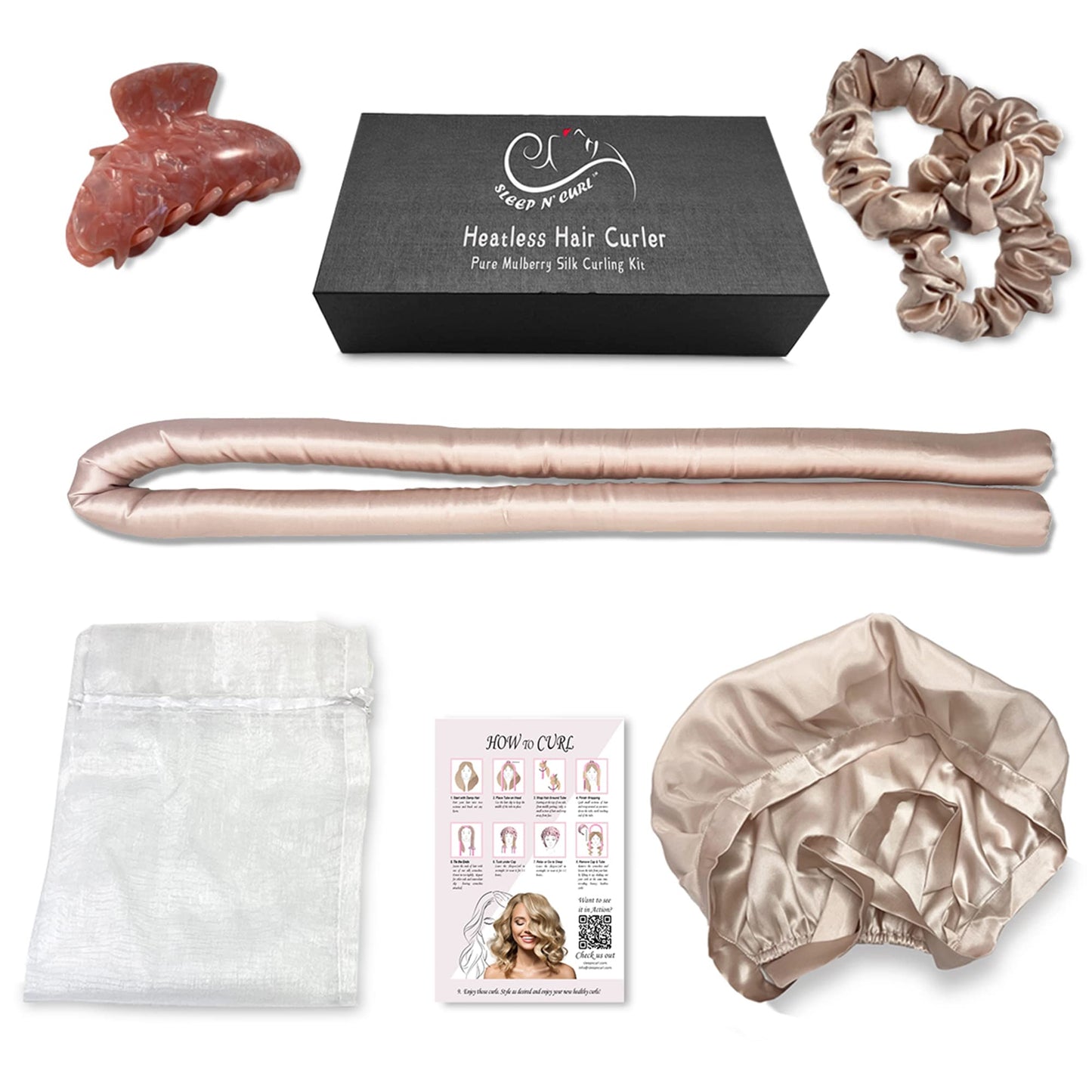 Sleep ‘N Curl - 100% Pure Mulberry Silk - Heatless Hair Curler KIT with Pure Silk Cap (Bonnet)