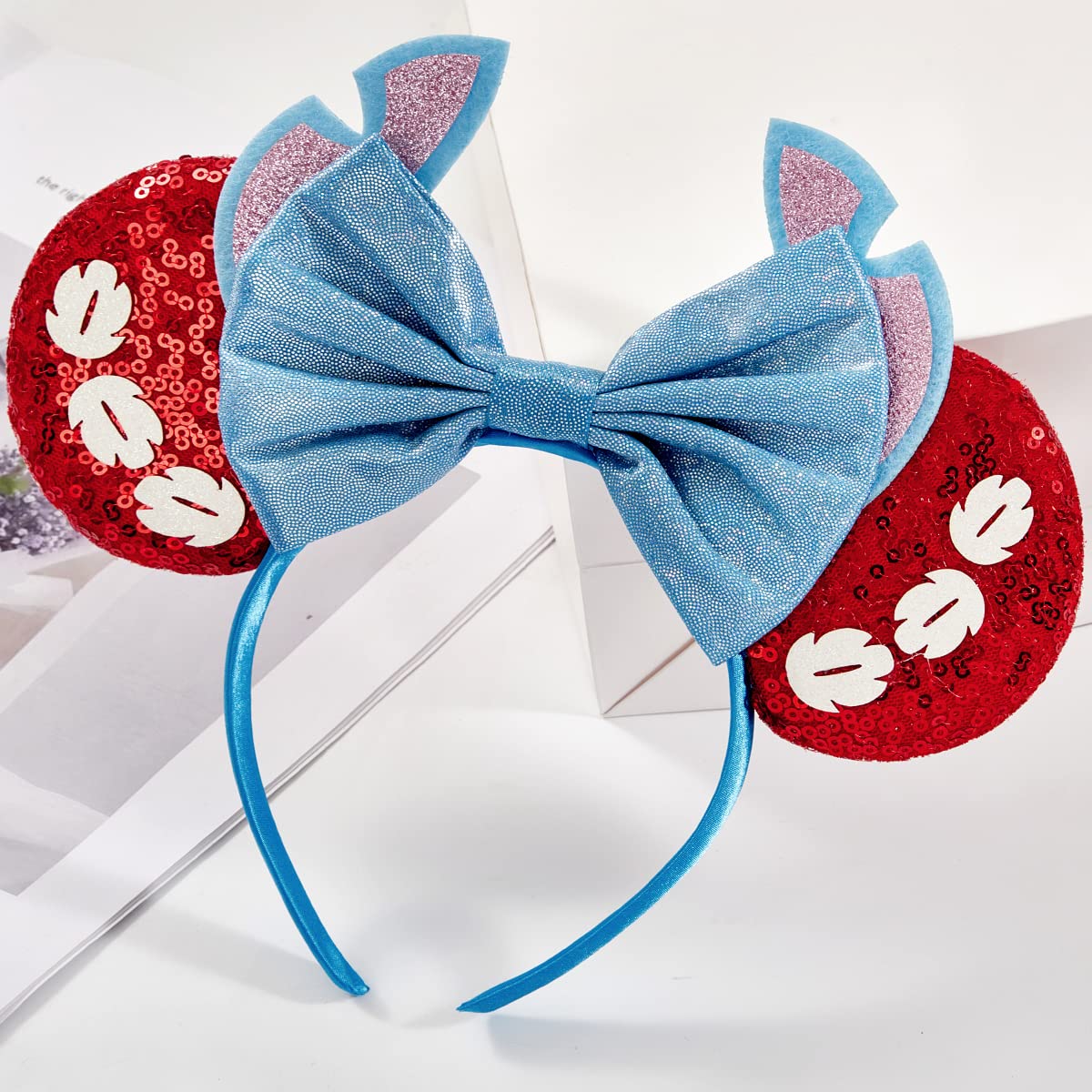 RAZKO Hairband, Stitch Red Minnie Ears Headband with Sequin Shiny Ears and Bow for Women Girls Hair Accessories, One Size Fits All, 16 Headbands Available