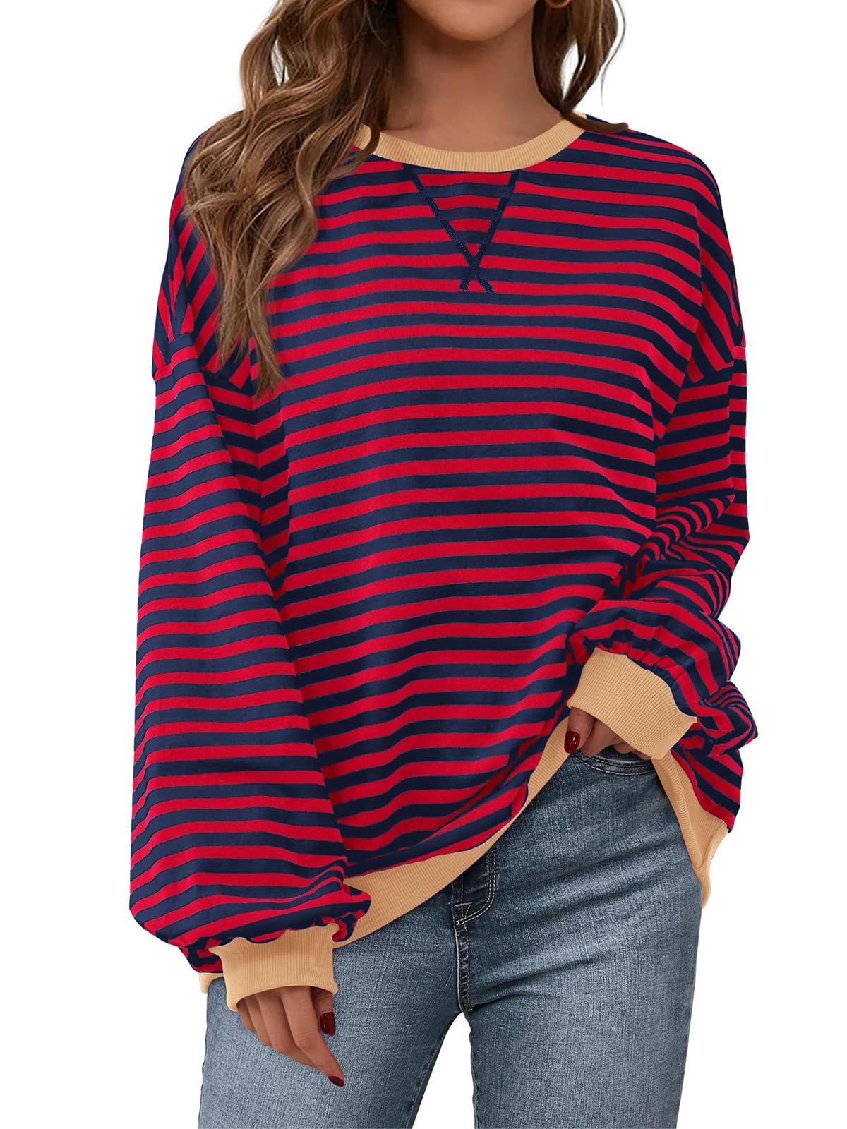 PRETTYGARDEN Womens Oversized Sweatshirt Casual Striped Color Block Long Sleeve Crewneck Pullover Tops Spring Y2k Clothes (Red Navy, Medium)