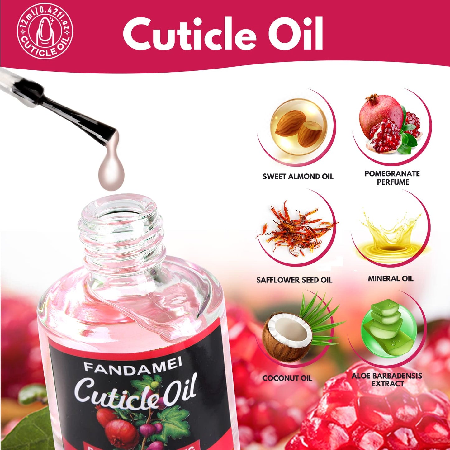 FANDAMEI Nail Care Kit, Cuticle Remover with File, Buffer, Block, Nipper, Pusher & Peeler. Pomegranate Cuticle Oil