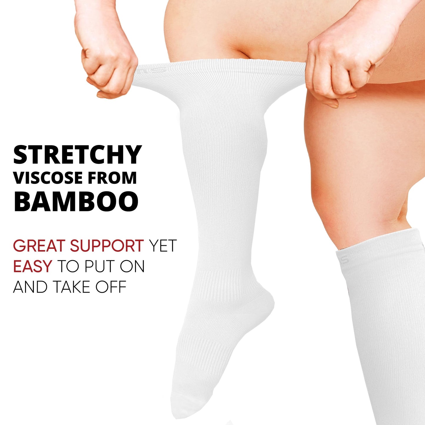 BAMS Plus Size Compression Socks Wide Calf XL XXL XXXL – Graduated Knee-High Support, Viscose from Bamboo Easy-On/Easy-Off (White, 3XL)