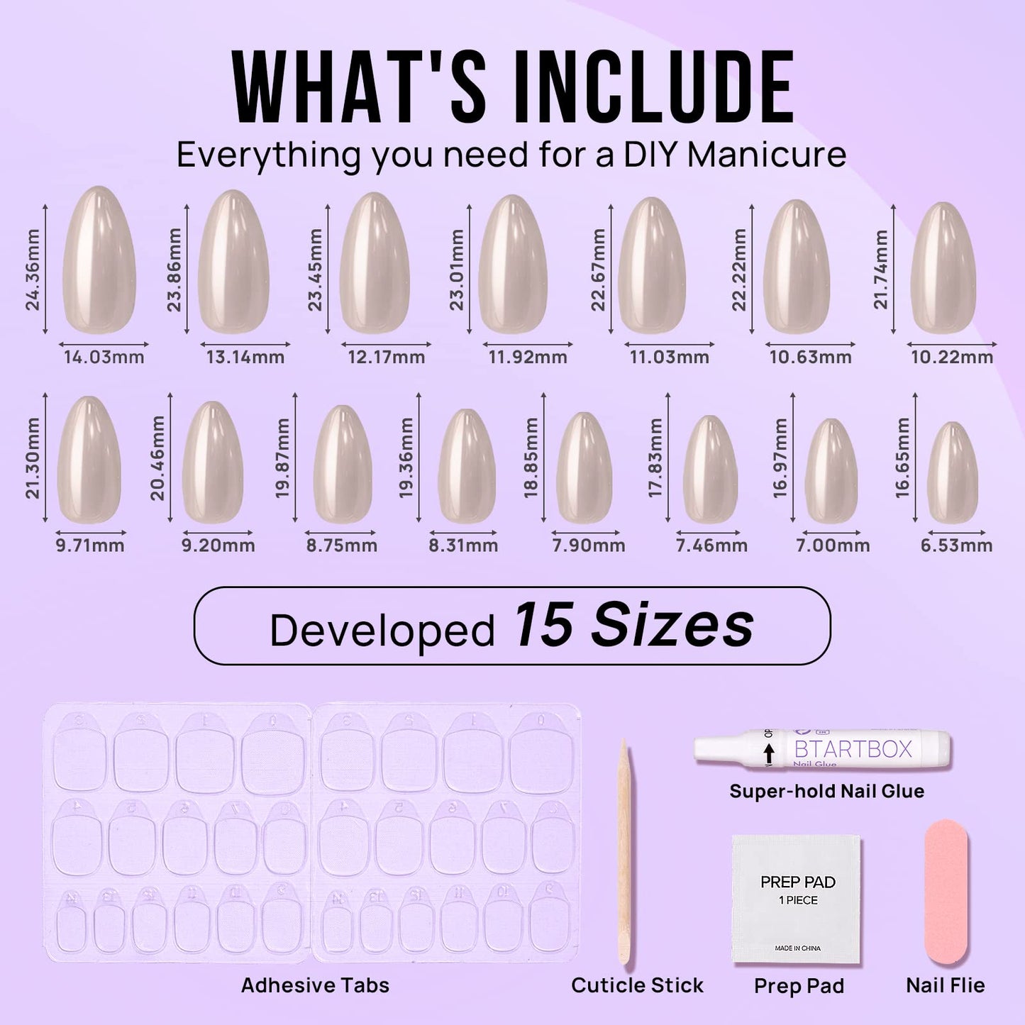 Press On Nails Medium - BTArtbox Almond Press On Nails, Glue On Nails with Nail Glue, Reusable Stick On Nails in 15 Sizes - 30 Soft Gel Fake Nails Kit, Nuts Glazed