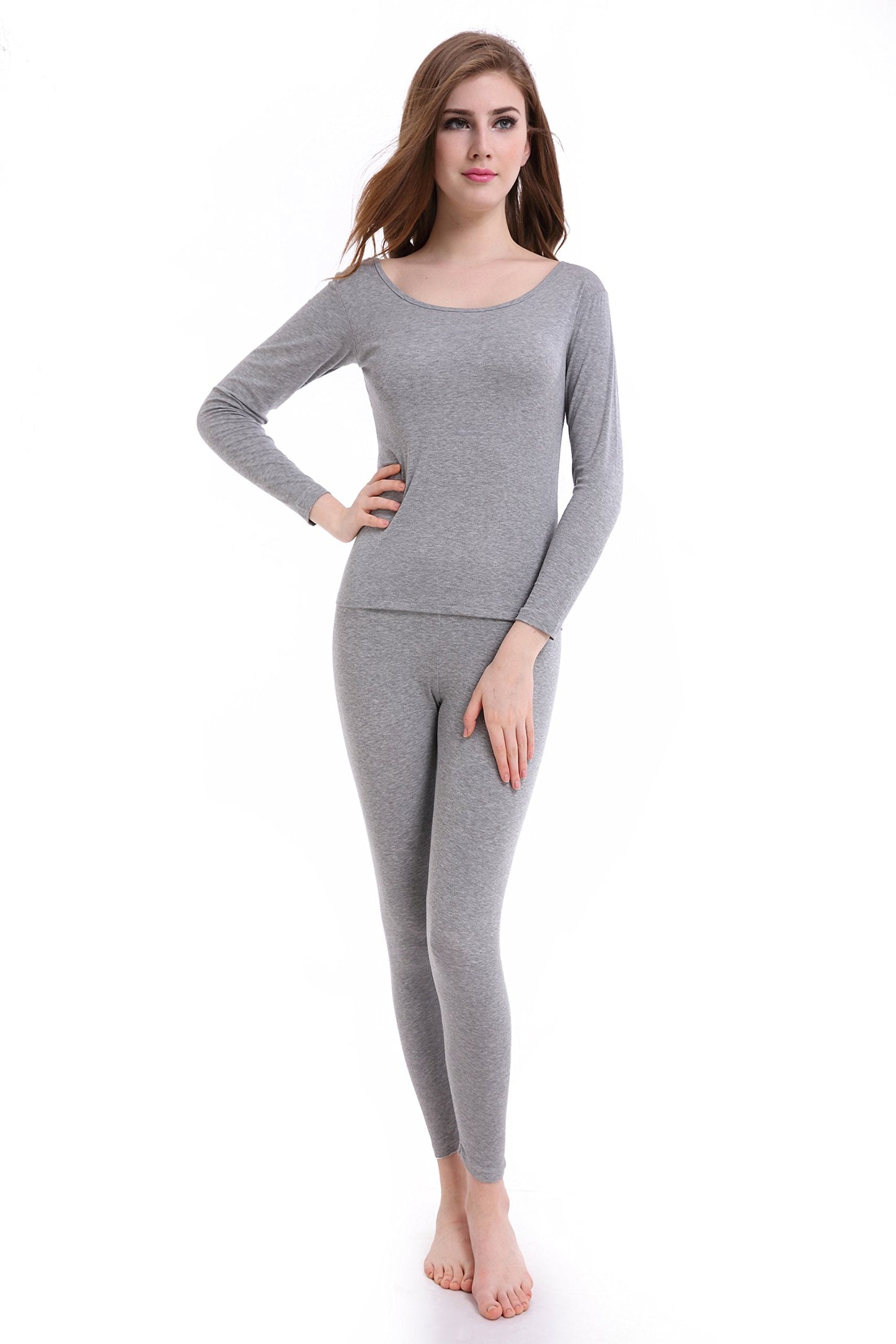 Winter Ultra Thin Long Johns Crew Neck Base Layer Thermal Underwear for Women Light Gray