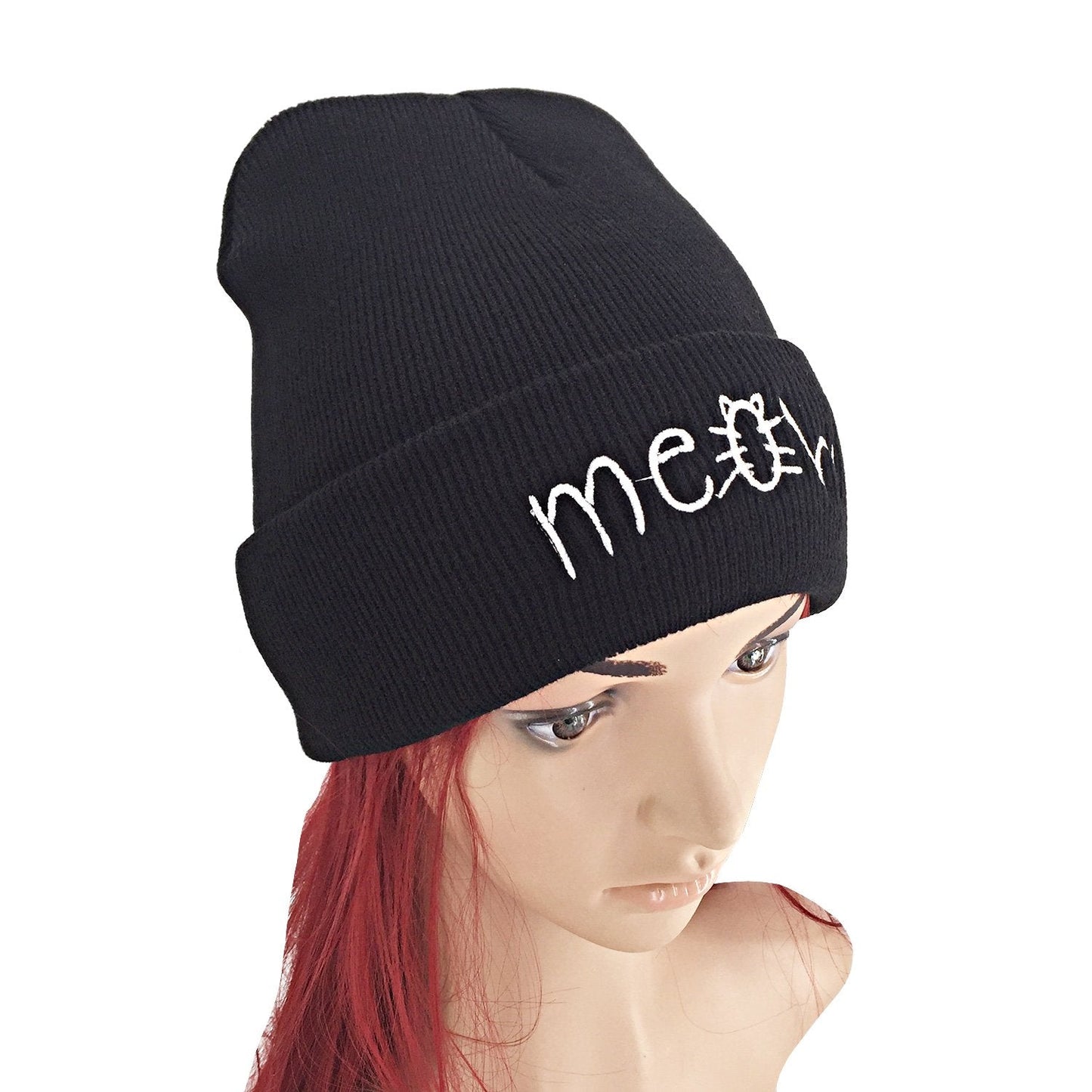 Black Cute Cat Beanie Knit Winter Hats for Women Girls Teens Slouchy Skull Caps