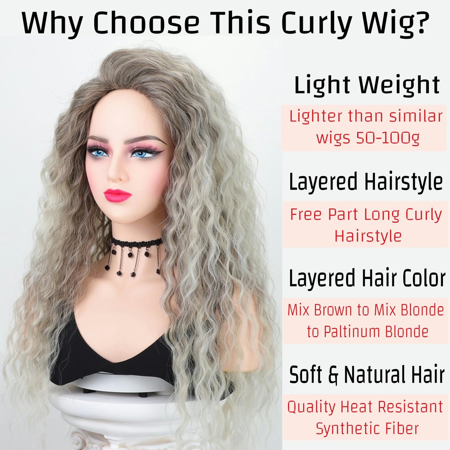 Fencca Layered Blonde Long Curly Wigs for Women Lightweight Synthetic Wavy Wig Mix Color Natural Hair Replacement Wig Fluffy