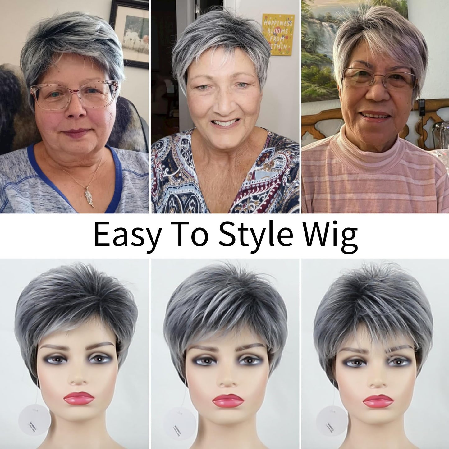RENERSHOW Grey Pixie Short Wigs for Wome Layered Mix Gray Synthetic Wig Salt Pepper Wig Natural Hair Replacement Wig