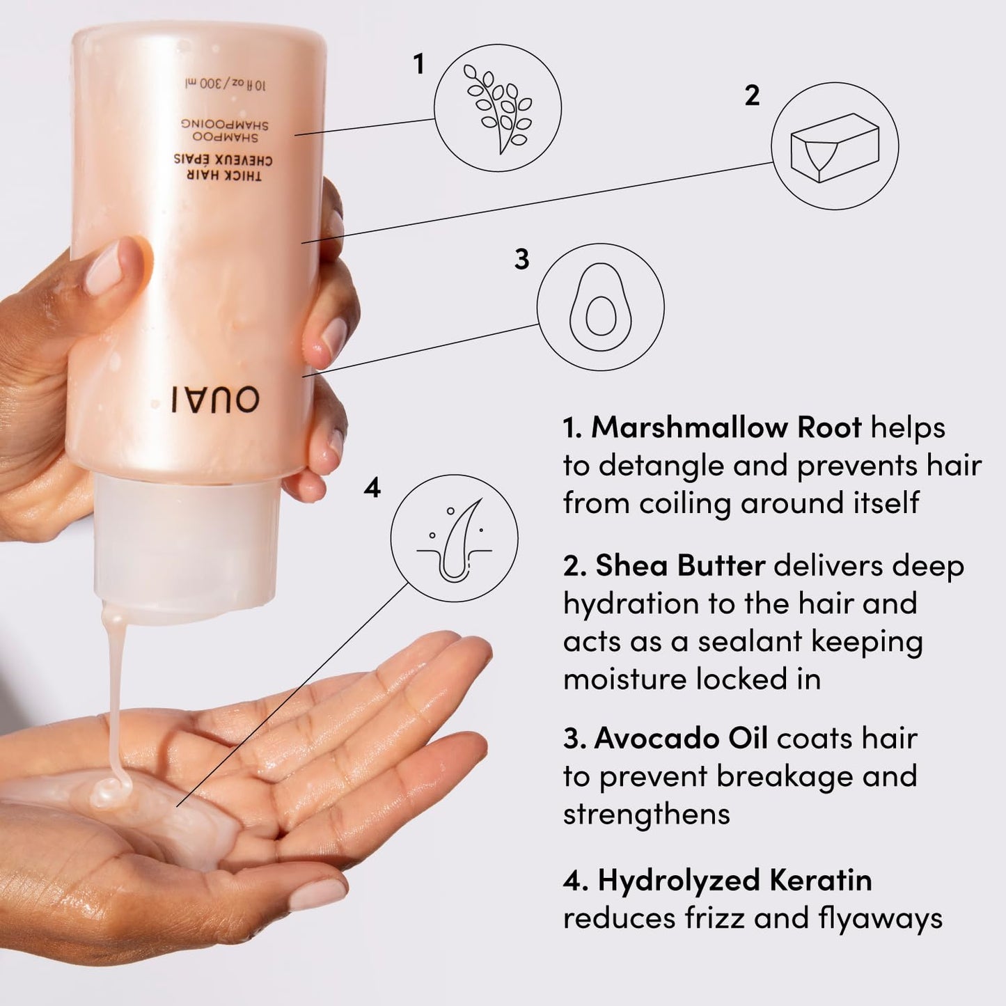 OUAI Thick Shampoo - Moisturizing Shampoo with Keratin, Marshmallow Root, Shea Butter, Avocado Oil for Thick Hair - Strengthens & Hydrates Strands - Paraben, Phthalate, Sulfate Free Shampoo (10 Fl Oz)