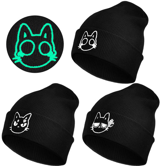 Chuarry 3 Pcs Cat Beanie Winter Hats Embroidered Knit Beanie Hat Winter Knit Crochet Ski Cap Cute Cat Ear Hat Cat Gifts for Halloween Cat Lovers Black