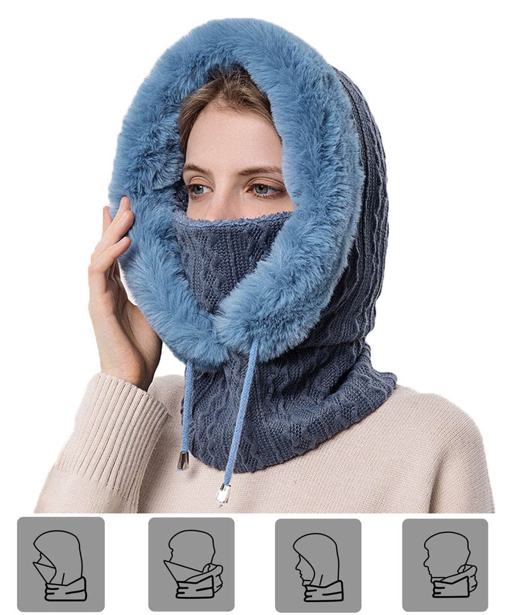 Women Ski Mask Balaclava Fleece Hood Winter Hat with Neck Cover Face Cover Mask for Outdoor Sports Dog Walking (Blue)