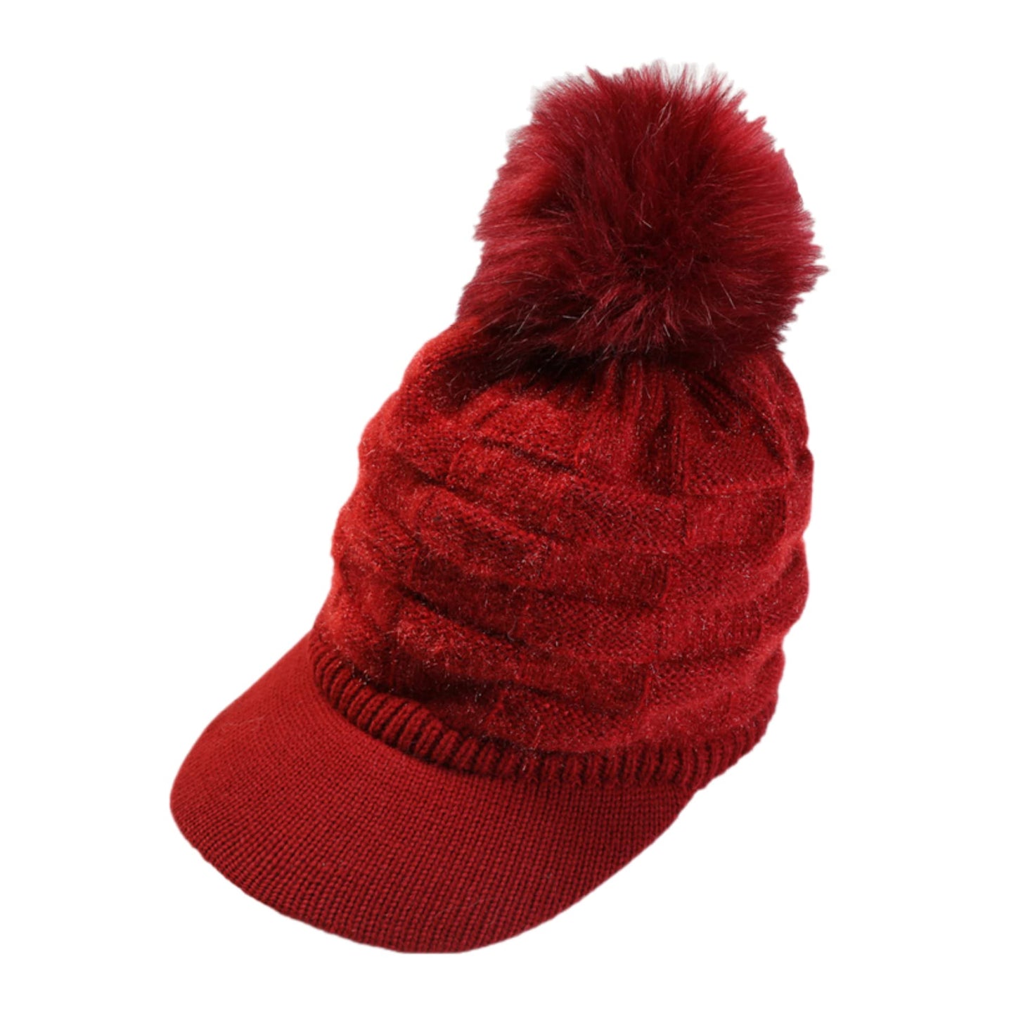 Caviotess Winter Women Girls Knitted Hats Warm Knit Snow Ski Visor Beanie Skull Cap with Faux Fur Pom Pom Ball