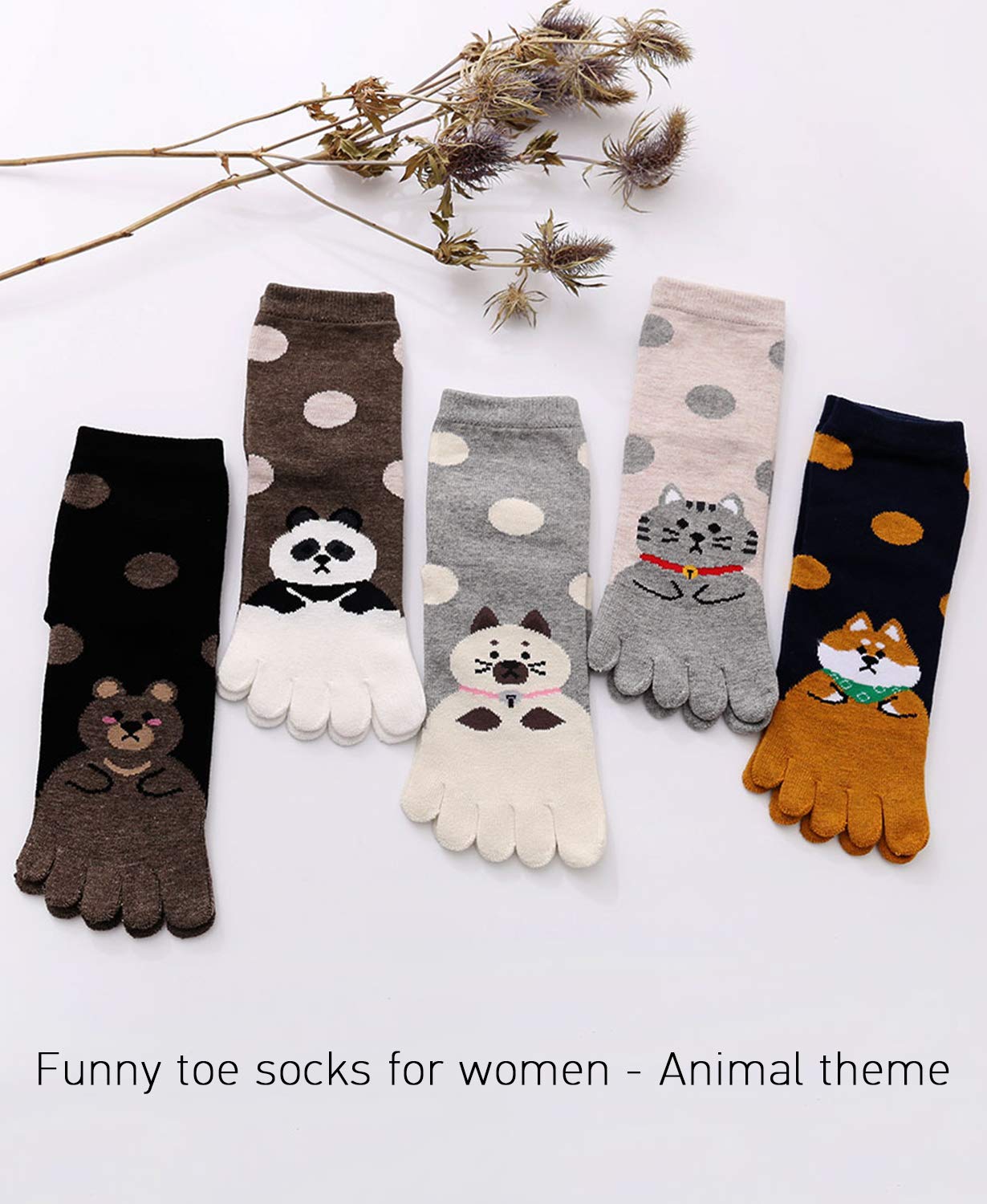 Hellomamma Women's Toe Sock Cute Cat Dog Ankle Sock Cotton Athletic Running Five Finger Socks for Girls Multicolor 5-12