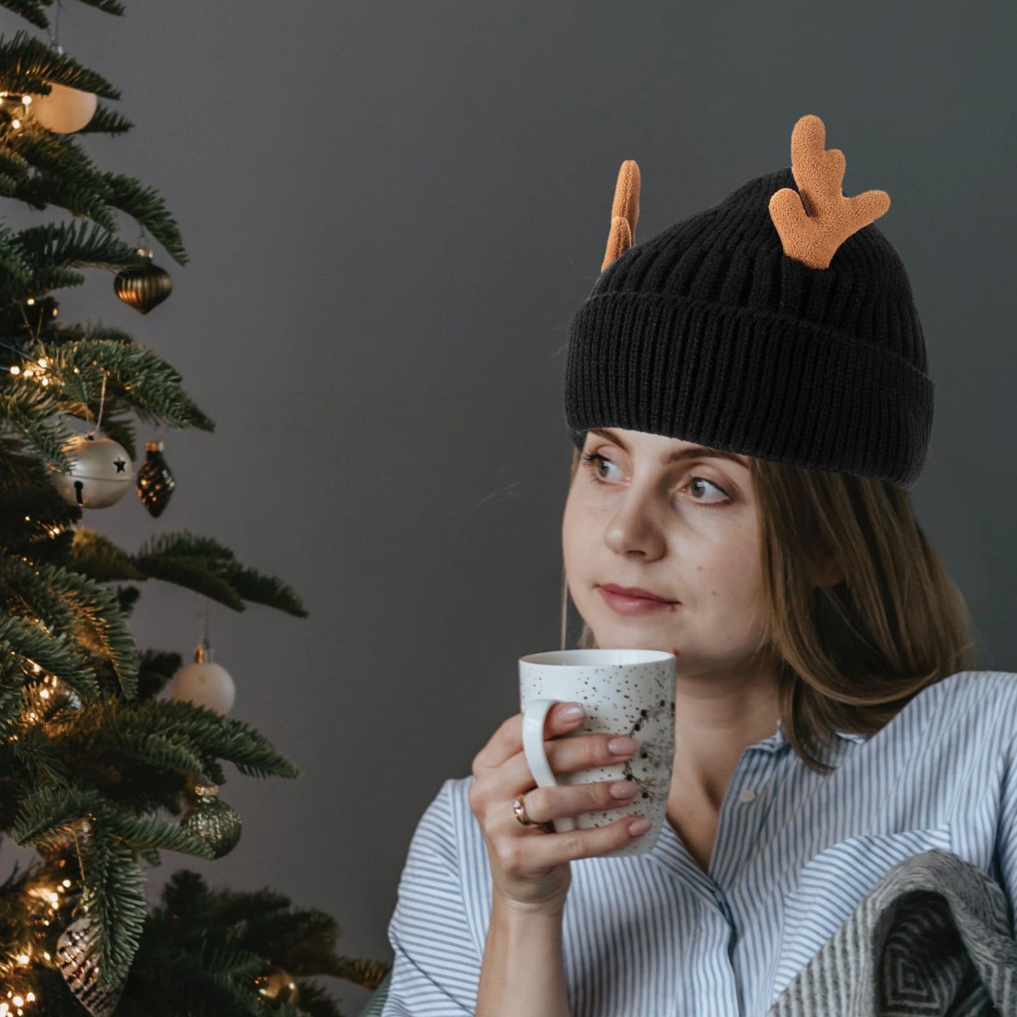 MAGICLULU 1 Pack Reindeer Beanie Antler Warm Cap Christmas Knitted Beanie Hat for Adults Women Adults(Black)