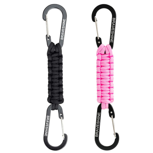 BRAVESHINE 1 Black 1 Pink Paracord Keychain Hooks Carabiner Clips, Lanyard Hanger with D Ring Hooks Heavy-Weight Stroller Hooks Holder for Water Bottle, Key, Backpacks, Tools, Boys, Girls, Men, Women