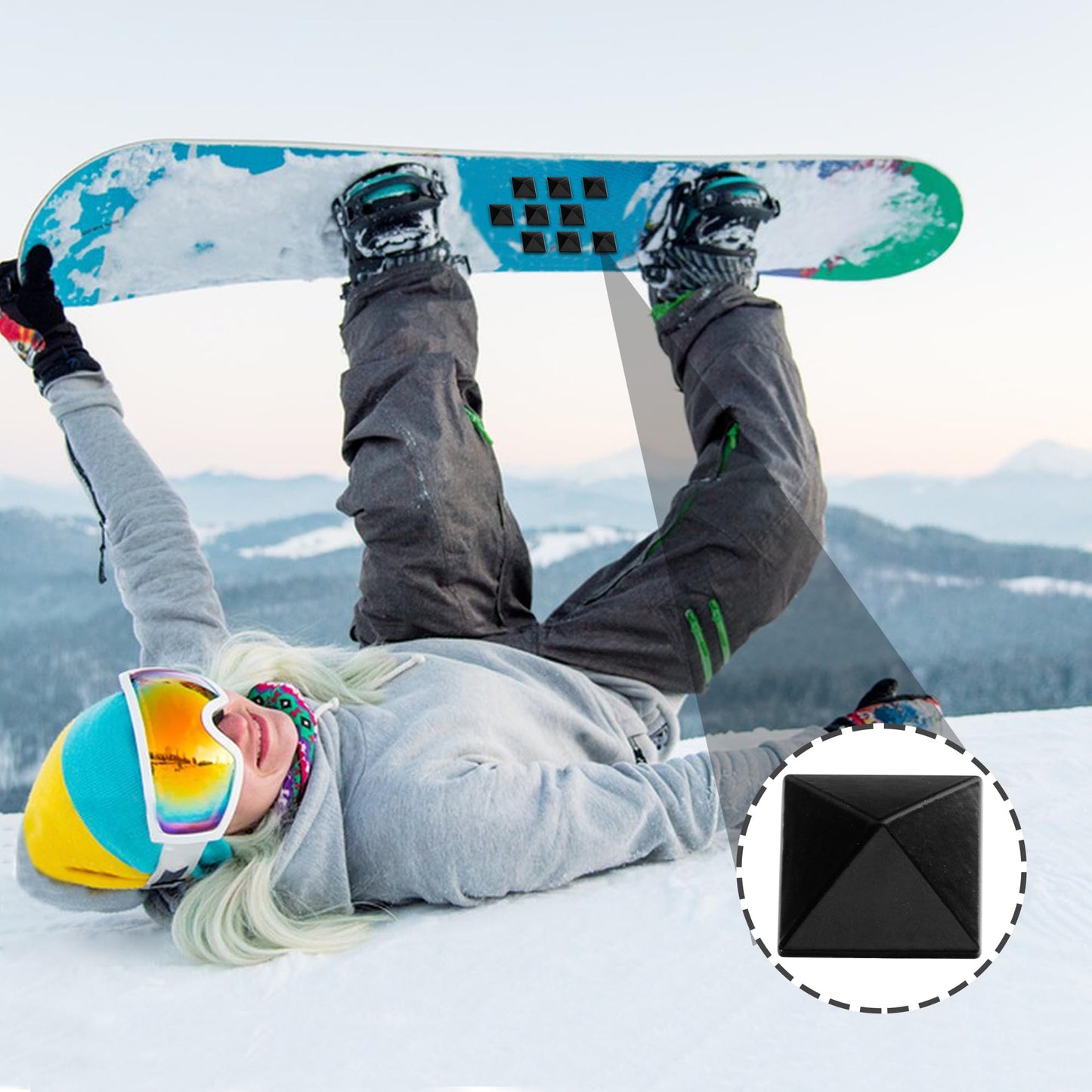 18 Pcs Snowboard Stomp Pads- Pyramid Studs Snowboard Grip Stomp Pad- Anti-Slip Ski Snowboard Stomp Pad Mat, Provides Extra Grip for Snowboarding (Black)