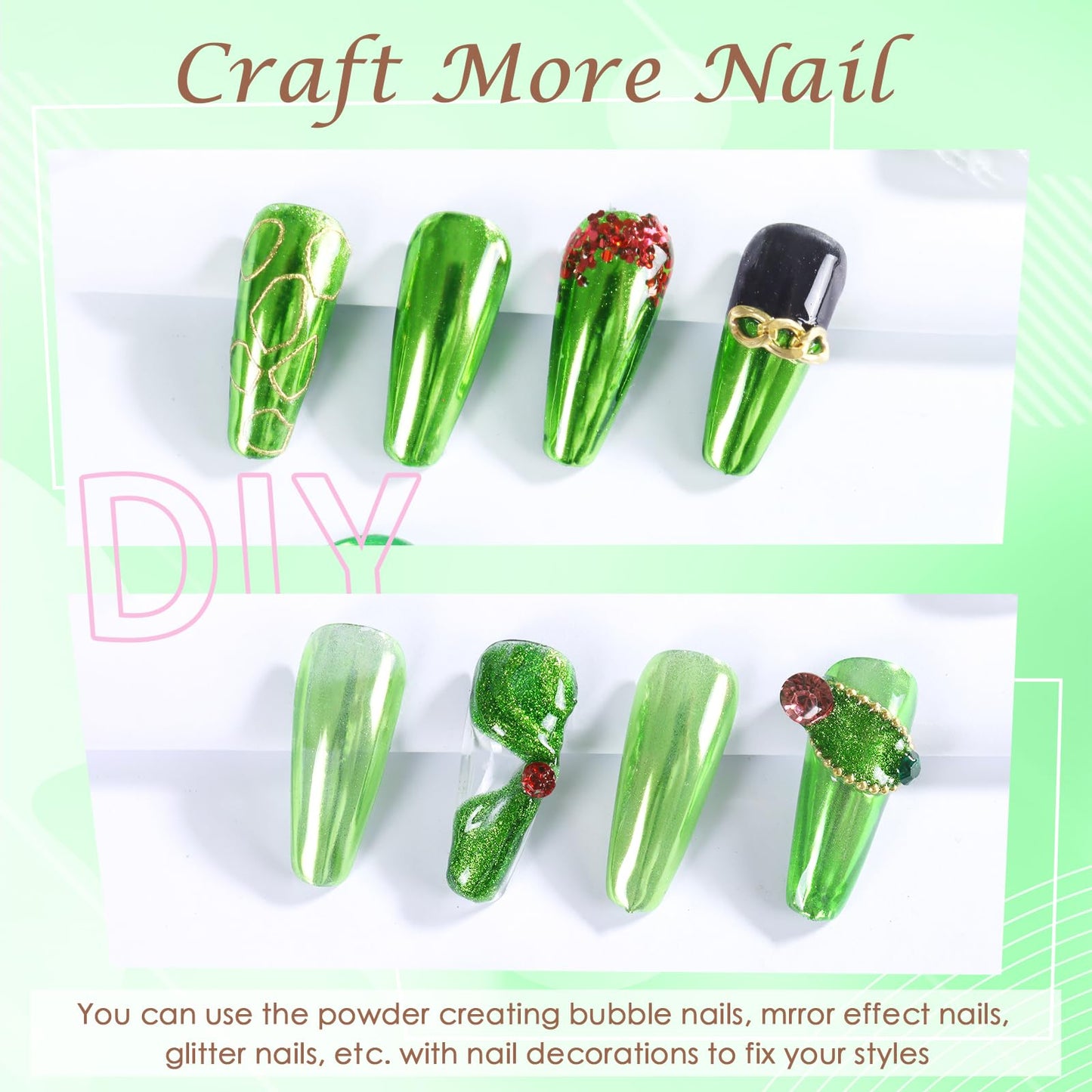 Laza Chrome Nail Powder Mirror Effect Metallic Dust Holographic Glitter Glazed Manicure Decoration Reflective Pigment for DIY Gel Polish Nail Art, Resin Craft, Gifts - Grass Green