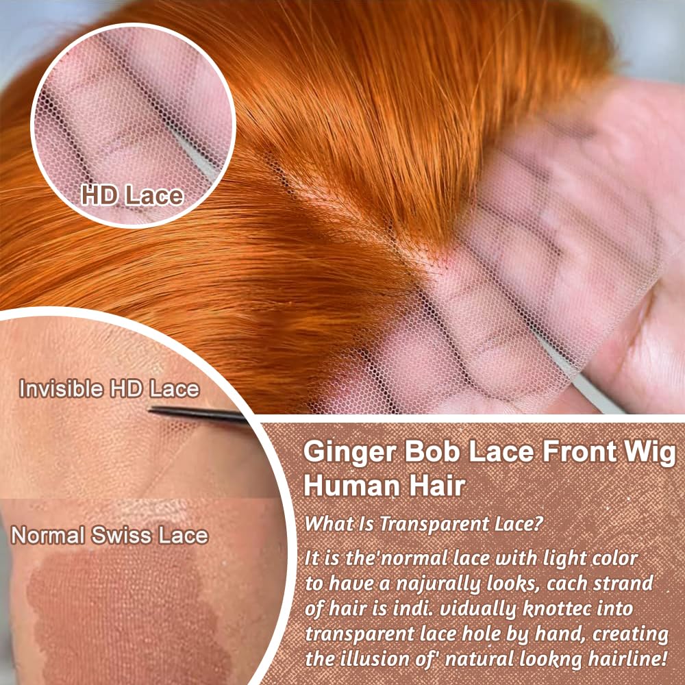 EAGERA Ginger Bob Lace Front Wig Human Hair 8 Inch 13x4 Orange HD Lace Closure Human Hair Wig Pre Plucked with Baby Hair Short Ginger Straight Bob Colored Wig Human 180% Density for Women