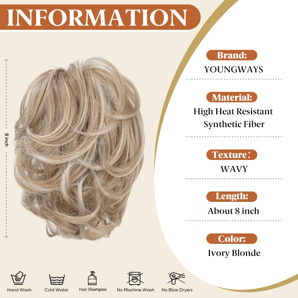 youngways Claw Clip Short Ponytail Messy Bun Hair Piece Bendable Hair Branch Extensions Fluffy Wavy Curly Synthetic Versatile Ivory Blonde Hairpieces
