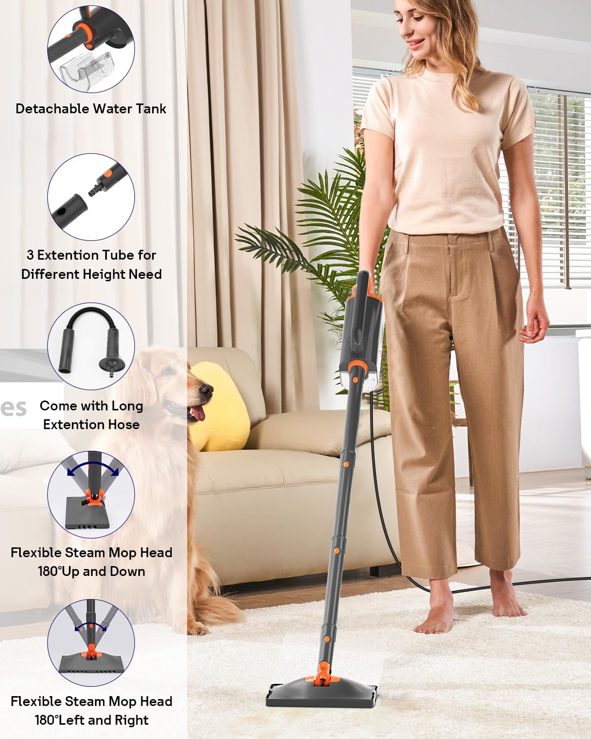 HelpX Steam Mop Cleaner with Detachable Handheld Steamer, 20 in 1 Steam Cleaner with Multiple Accessories, Detachable Water Tank, Microfiber Pads for Floor, Tiles, Carpet and Grout Cleaning (Grey)