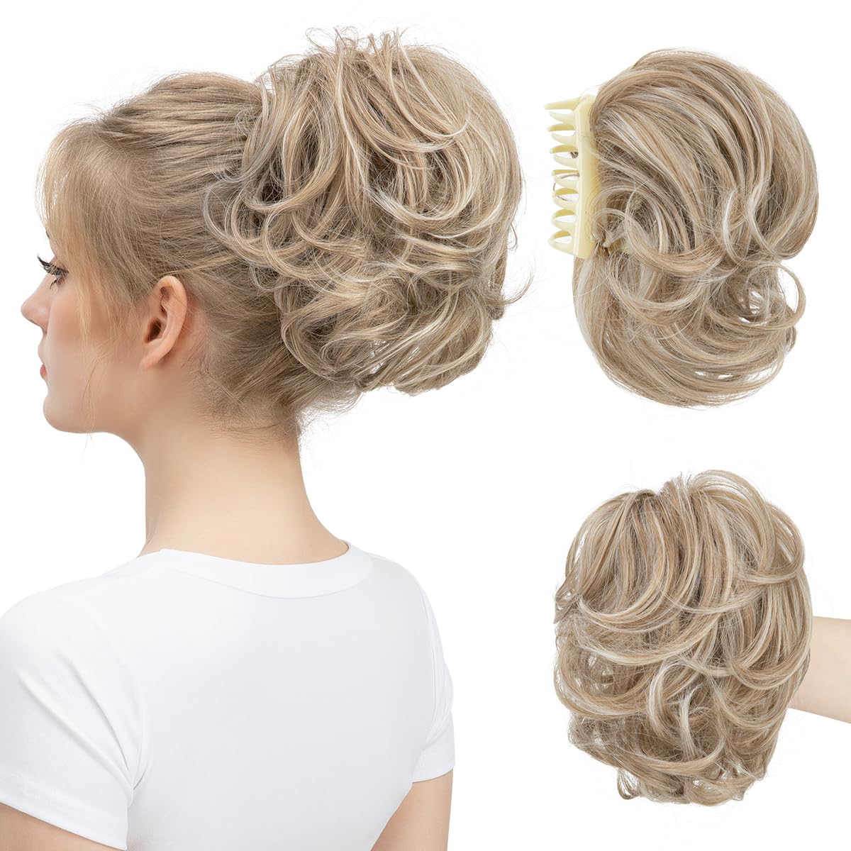 youngways Claw Clip Short Ponytail Messy Bun Hair Piece Bendable Hair Branch Extensions Fluffy Wavy Curly Synthetic Versatile Ivory Blonde Hairpieces