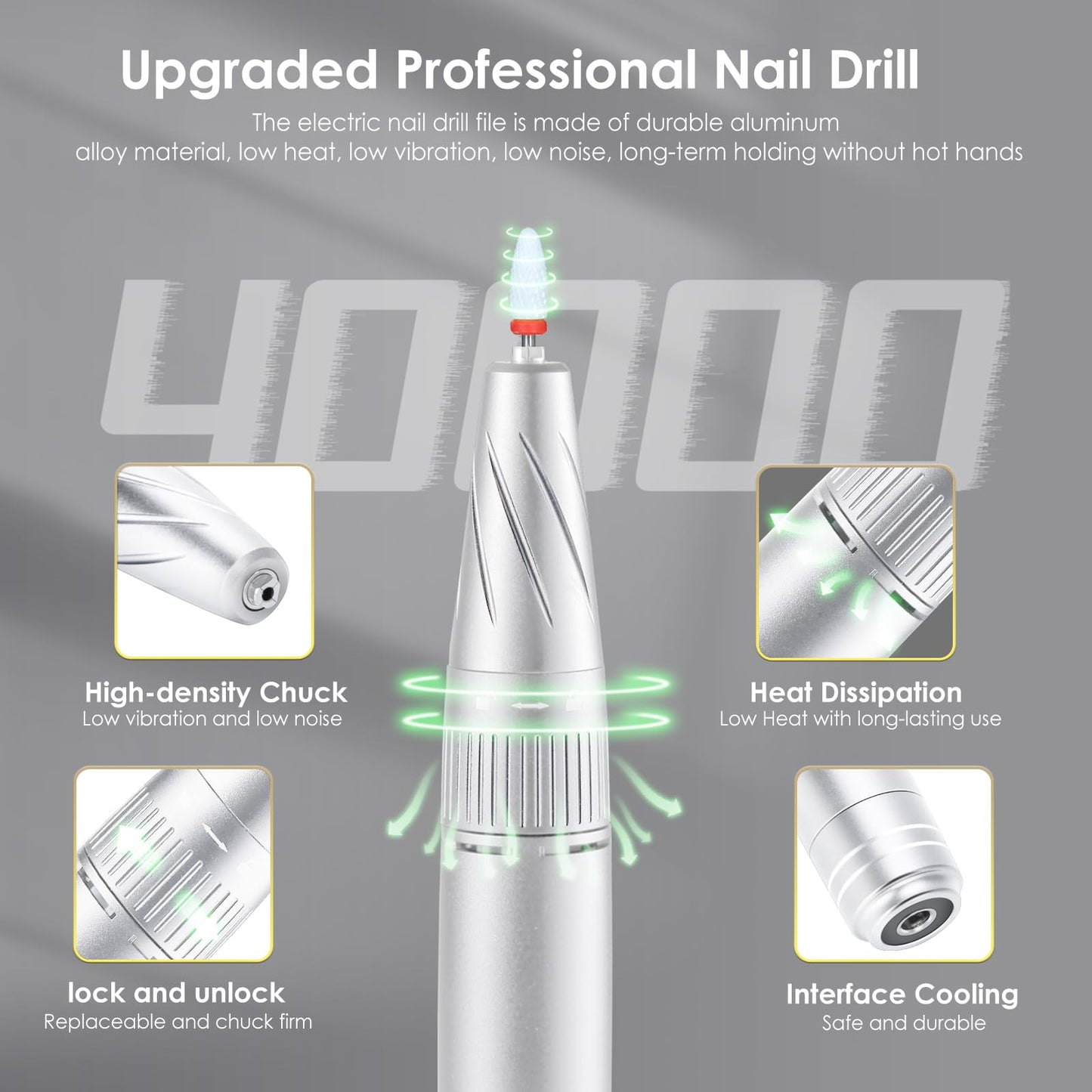 Electric Nail Drill Machine, 40000RPM Professional E File Nail Drill Kit for Gel Acrylic Nails,High Speed Low Vibration Low Heat Nail Grinding with LED Light, 7 Bits, F/R Rotation, LCD Screen (White)