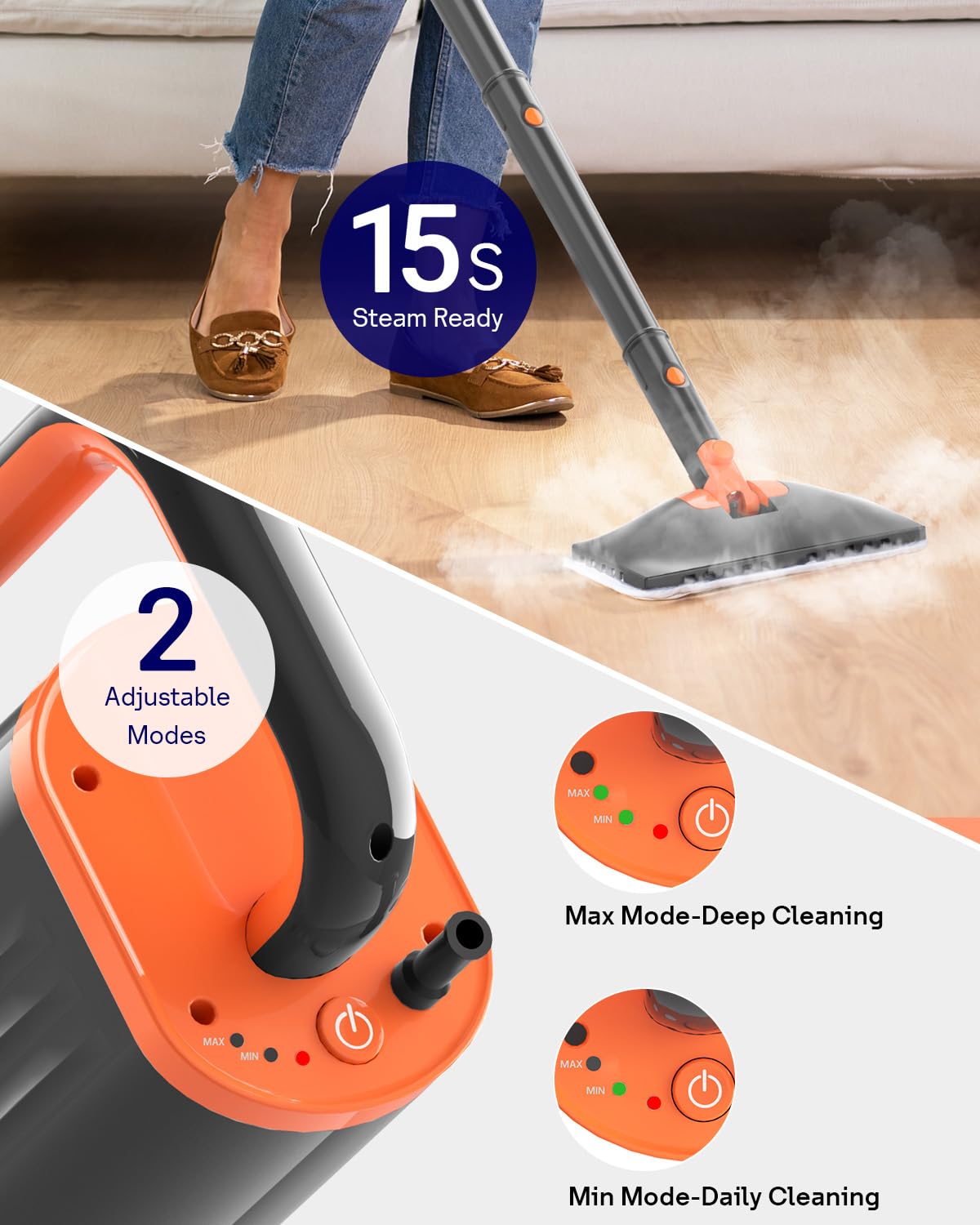 HelpX Steam Mop Cleaner with Detachable Handheld Steamer, 20 in 1 Steam Cleaner with Multiple Accessories, Detachable Water Tank, Microfiber Pads for Floor, Tiles, Carpet and Grout Cleaning (Grey)