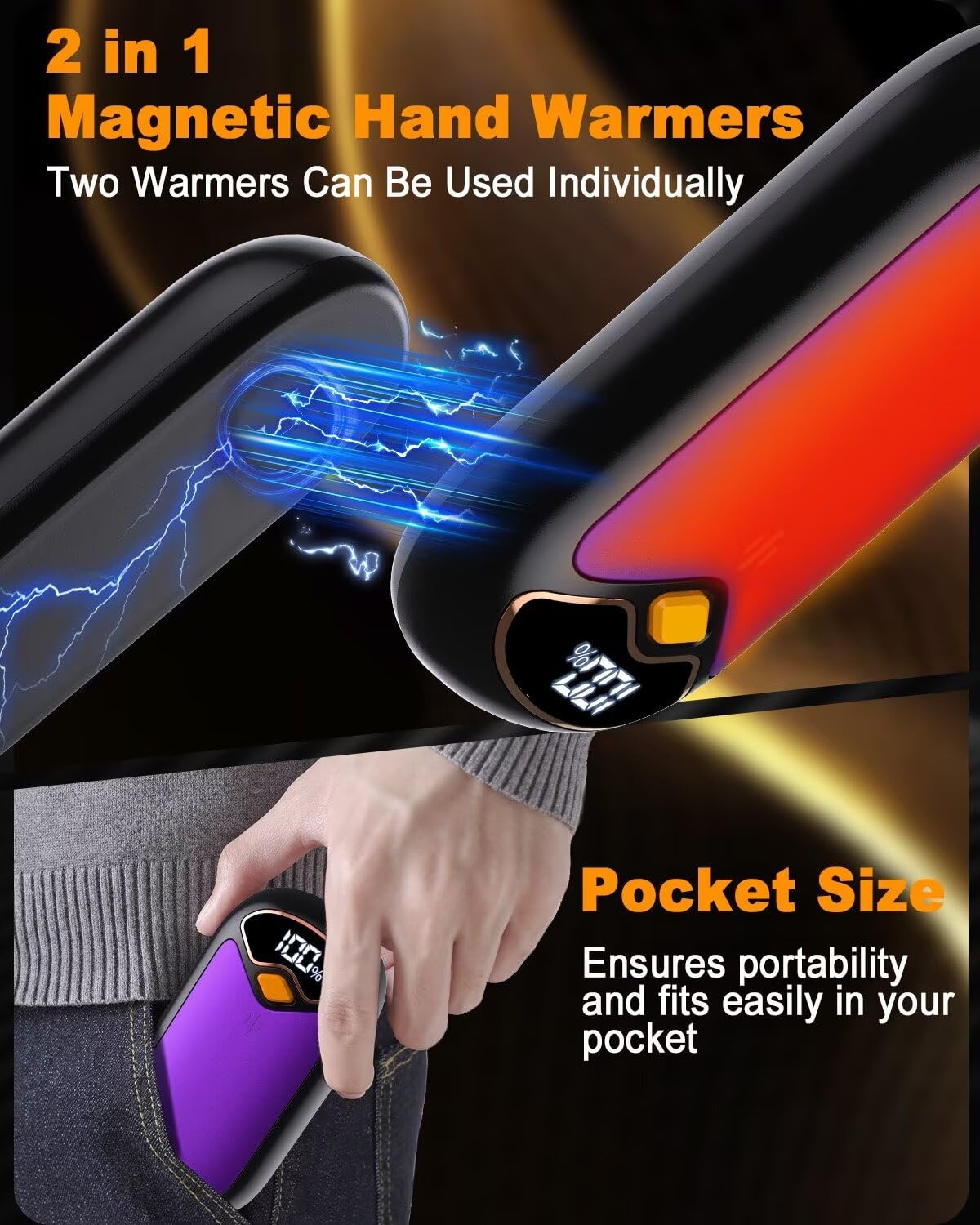 Hand Warmers Rechargeable - 7000mAh Electric Hand Warmer Reusable 2 Pack, LED Digital Display, 20 Hrs Warmth Hand Warmers Heats Up to 132℉, Magnetic Portable Hand Warmer for Golf, Camping, Hunting