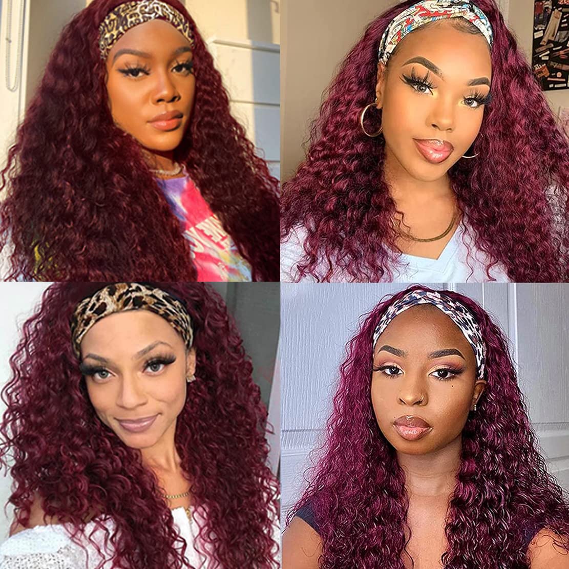 Celiarita Red Burgundy Headband Wigs Human Hair Deep Wave 16 Inch None Lace Front Wigs Curly Human Hair Headband Wig Glueless Machine Made Deep Wave #99J Headband Wig for Black Women 150% Density…
