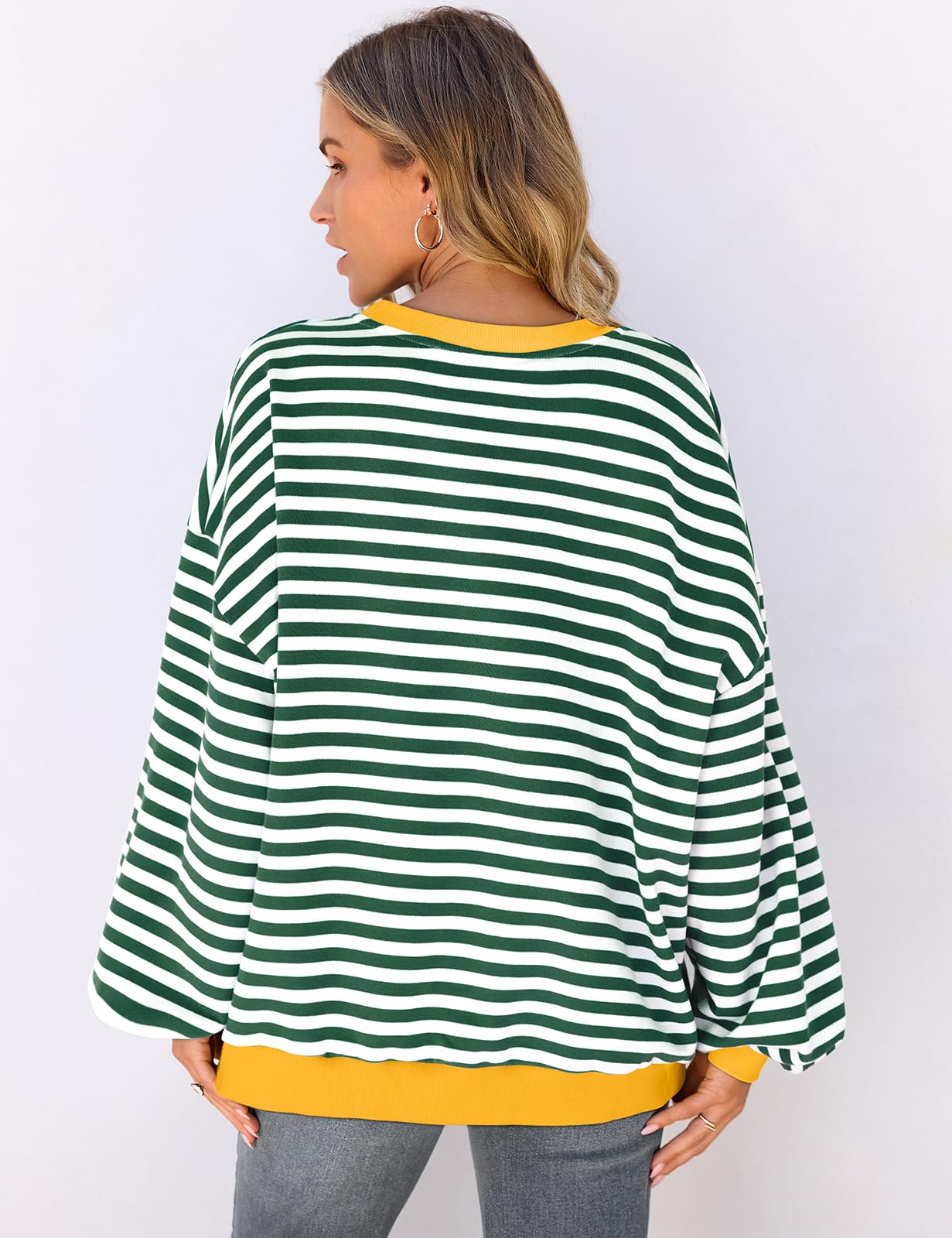 UEU Women Oversized Striped Sweatshirt Color Block Crew Neck Sweatshirt Casual Long Sleeve Pullover Shirt Green X-Large
