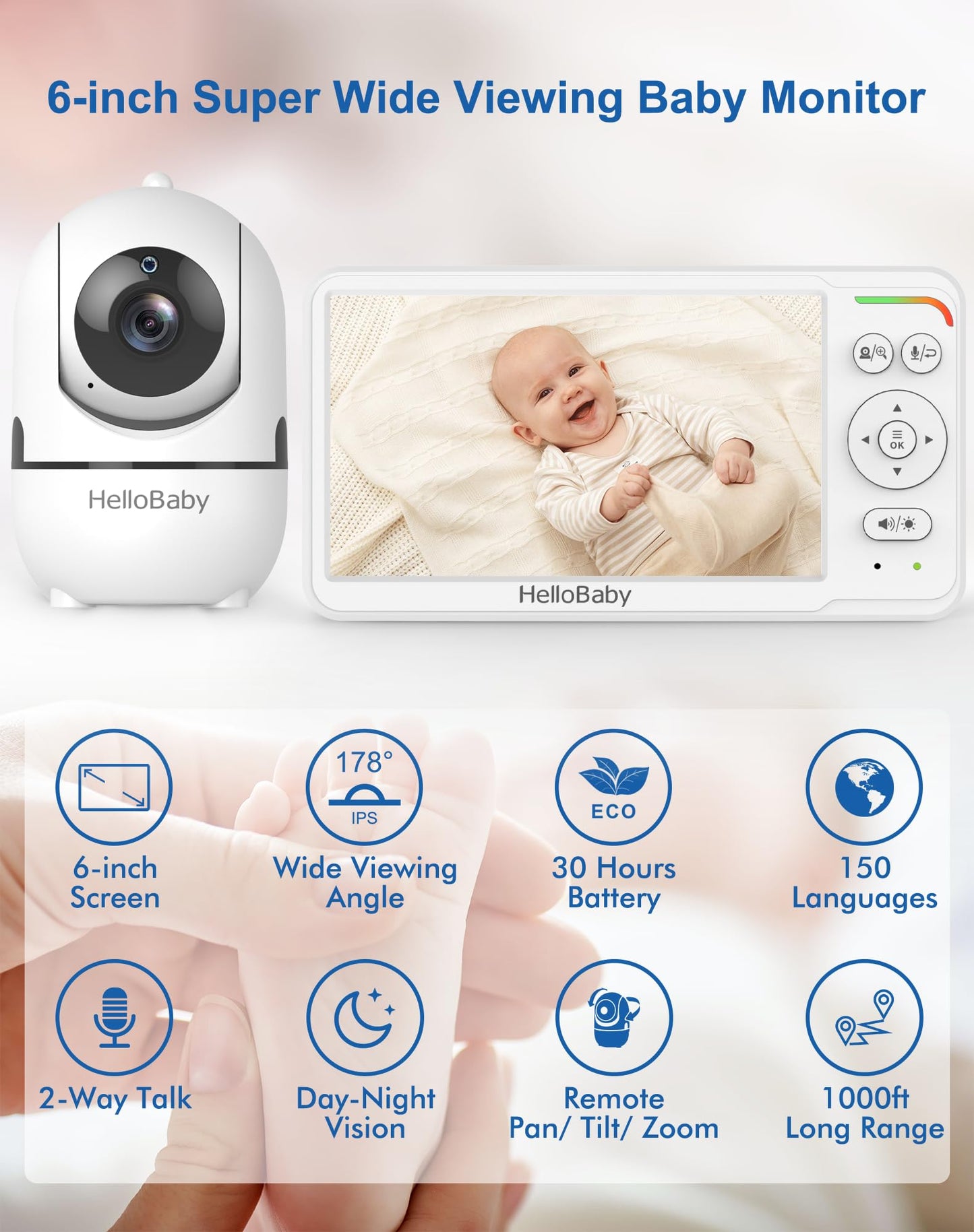 HelloBaby World's First 6" IPS Split Screen Baby Monitor with 2 Cameras - No WiFi, 30hr Battery, 355° Pan-Tilt, Night Vision, 1000ft, Portable Travel Video Audio Monitor with Temp Alert/Lullabies/VOX
